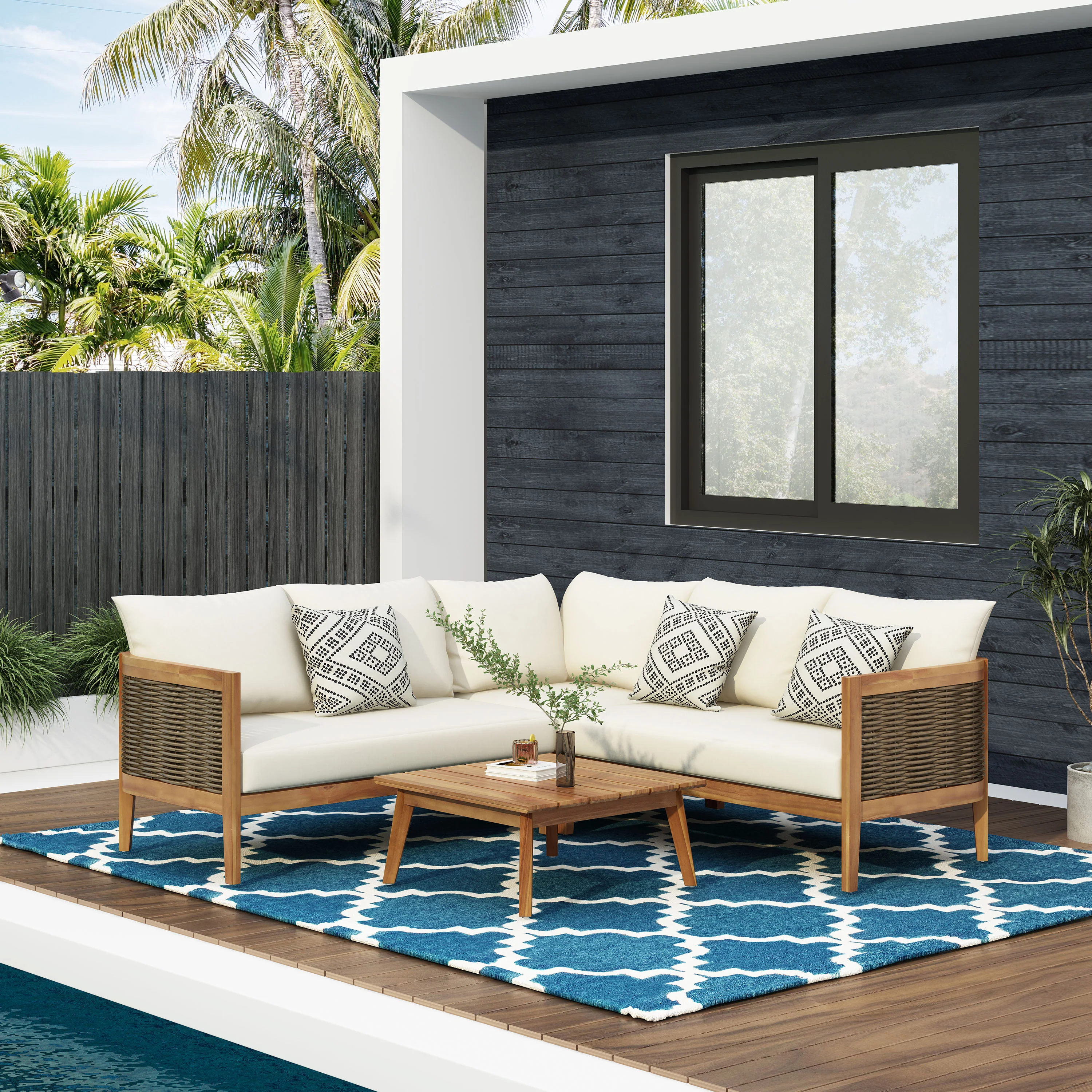 The Crowne Collection Outdoor Acacia Wood and Round Wicker 5 Seater Sectional Sofa Chat Set with Cushions, Teak, Mixed Brown, and Beige - furnishings