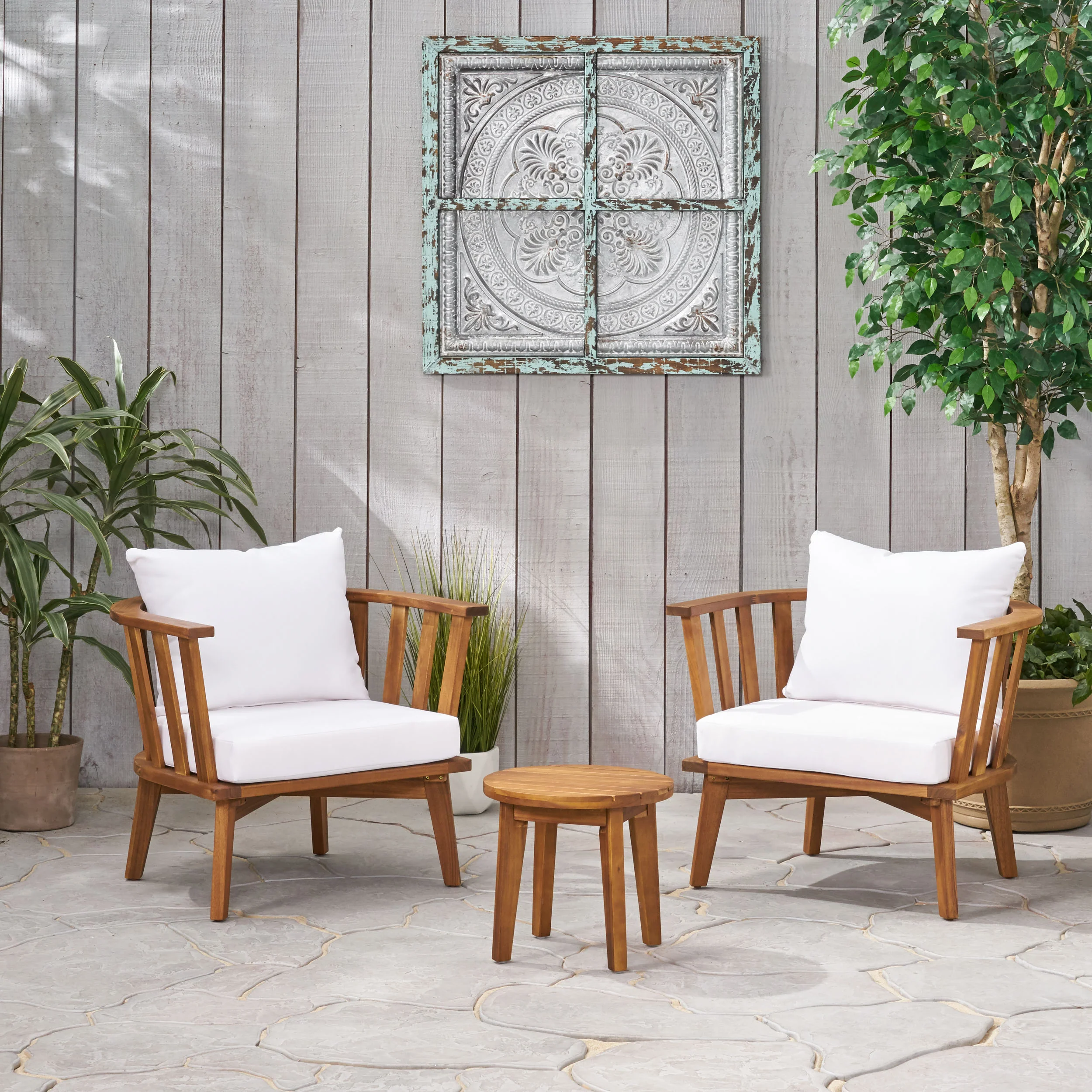 Murray Outdoor Acacia Wood 2 Seater Club Chairs and Side Table Set - furnishings