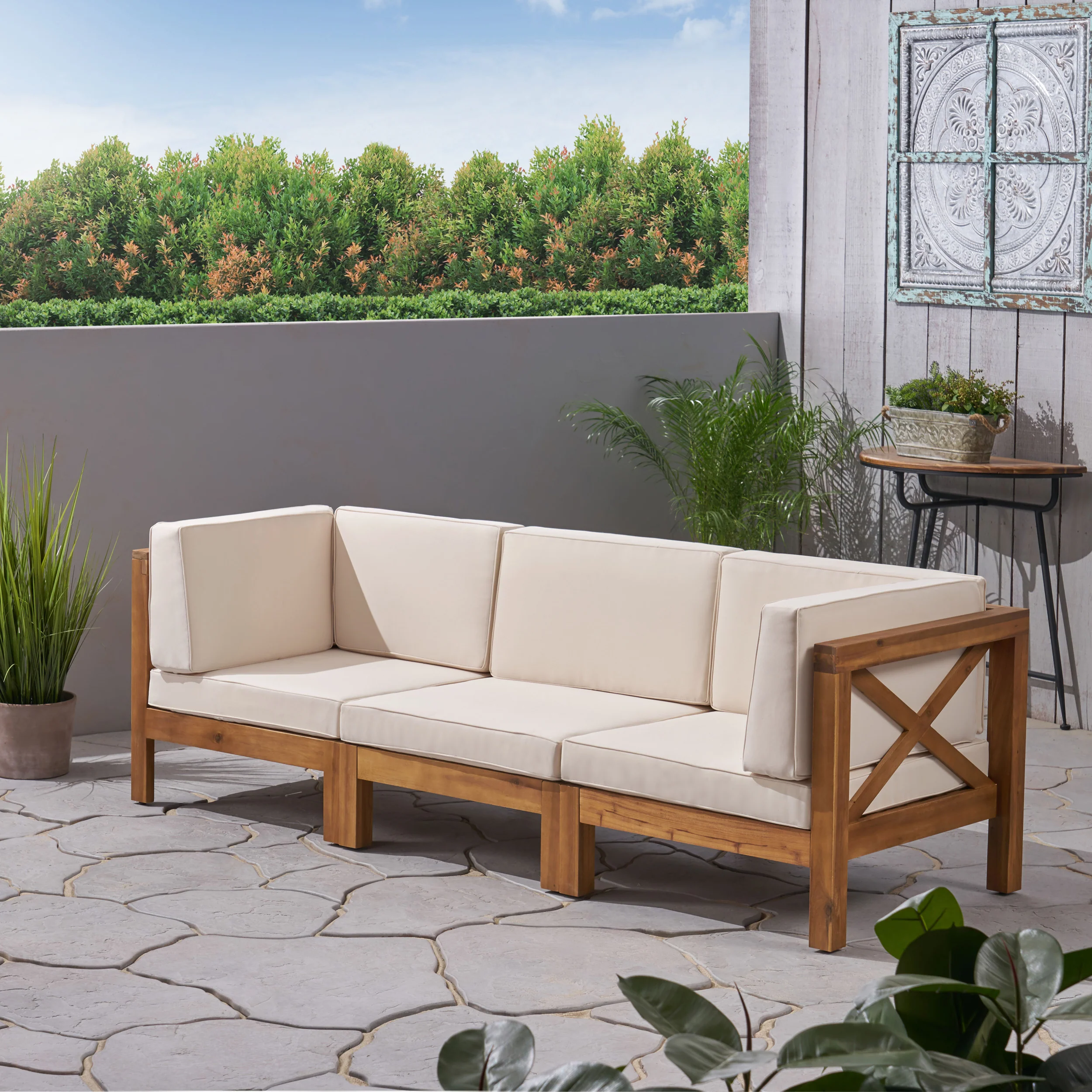 Brava Outdoor Modular Acacia Wood Sofa with Cushions - furnishings