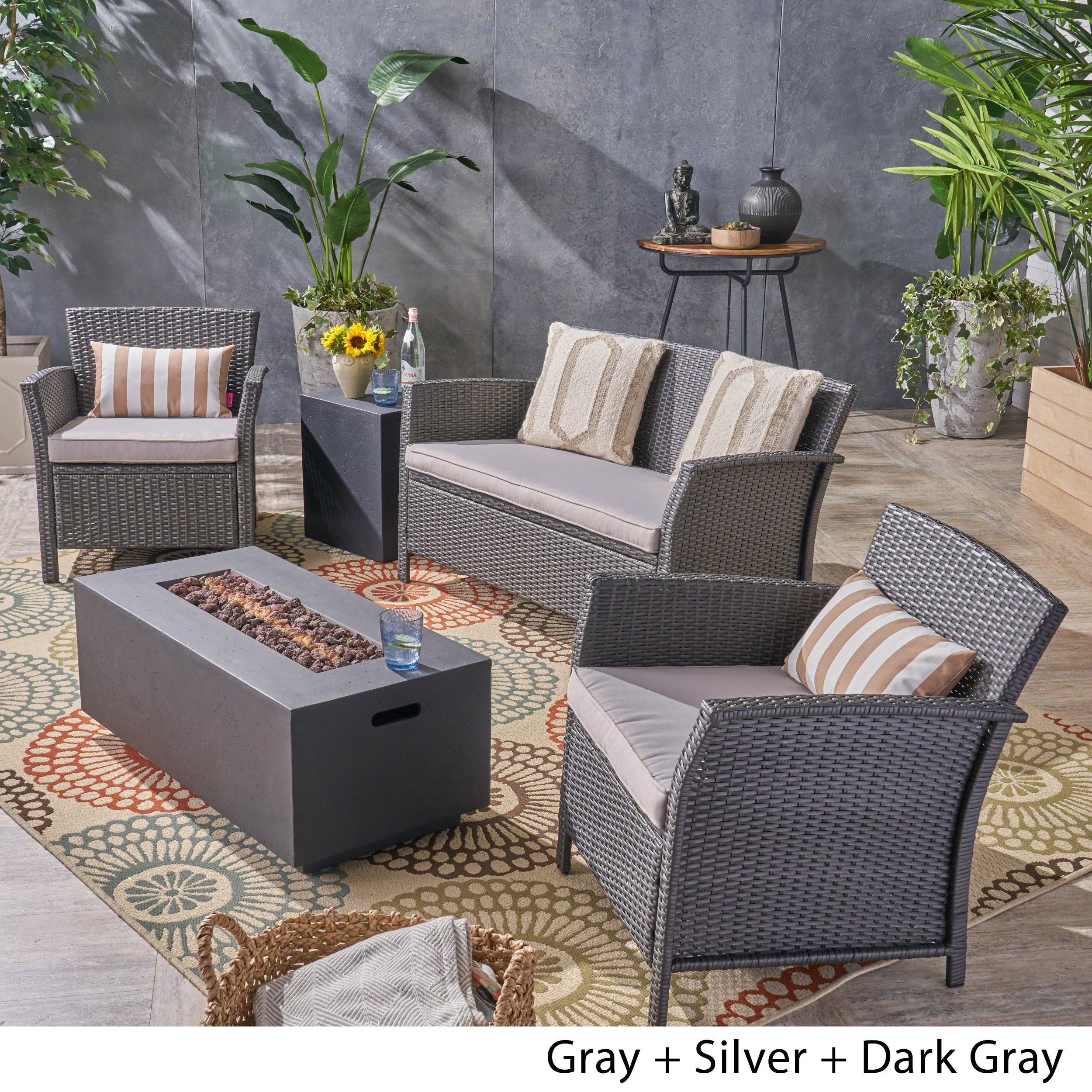 Laiah Outdoor 4 Seater Wicker Chat Set with Fire Pit - furnishings