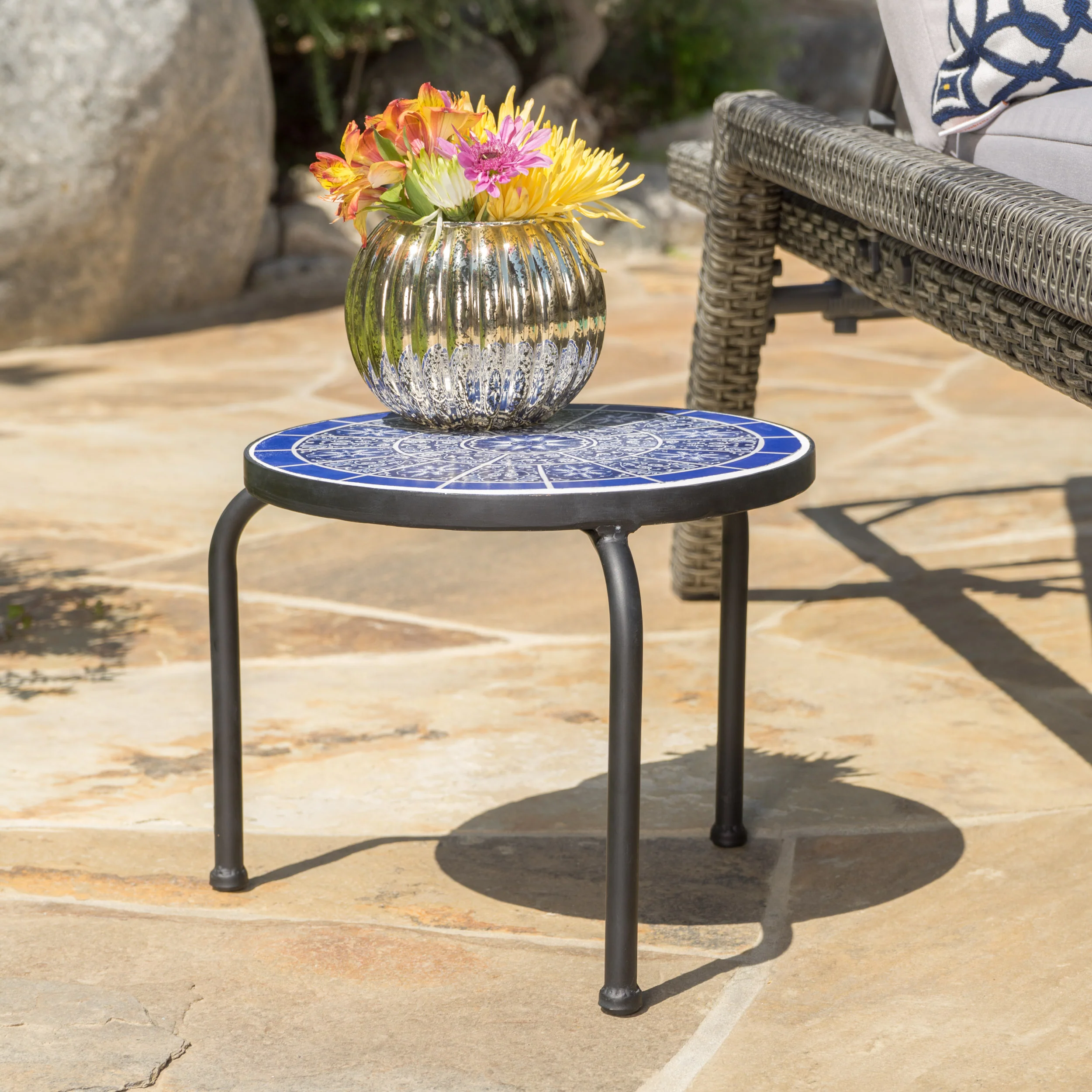 Soleil Outdoor Blue & White Ceramic Tile Iron Frame Side Table - furnishings