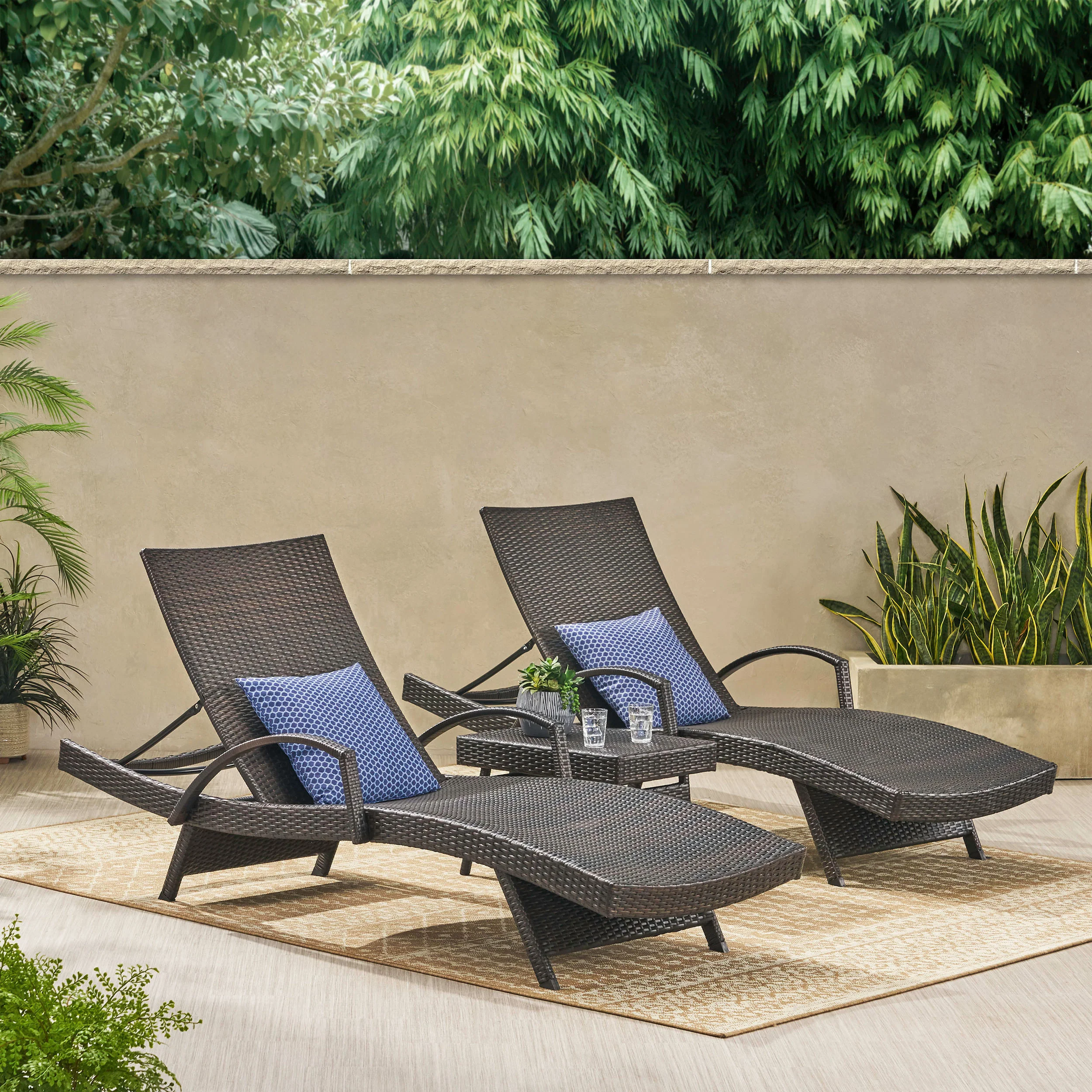 Lakeport Outdoor Brown Wicker 3-piece Adjustable Armed Chaise Lounge Set - furnishings