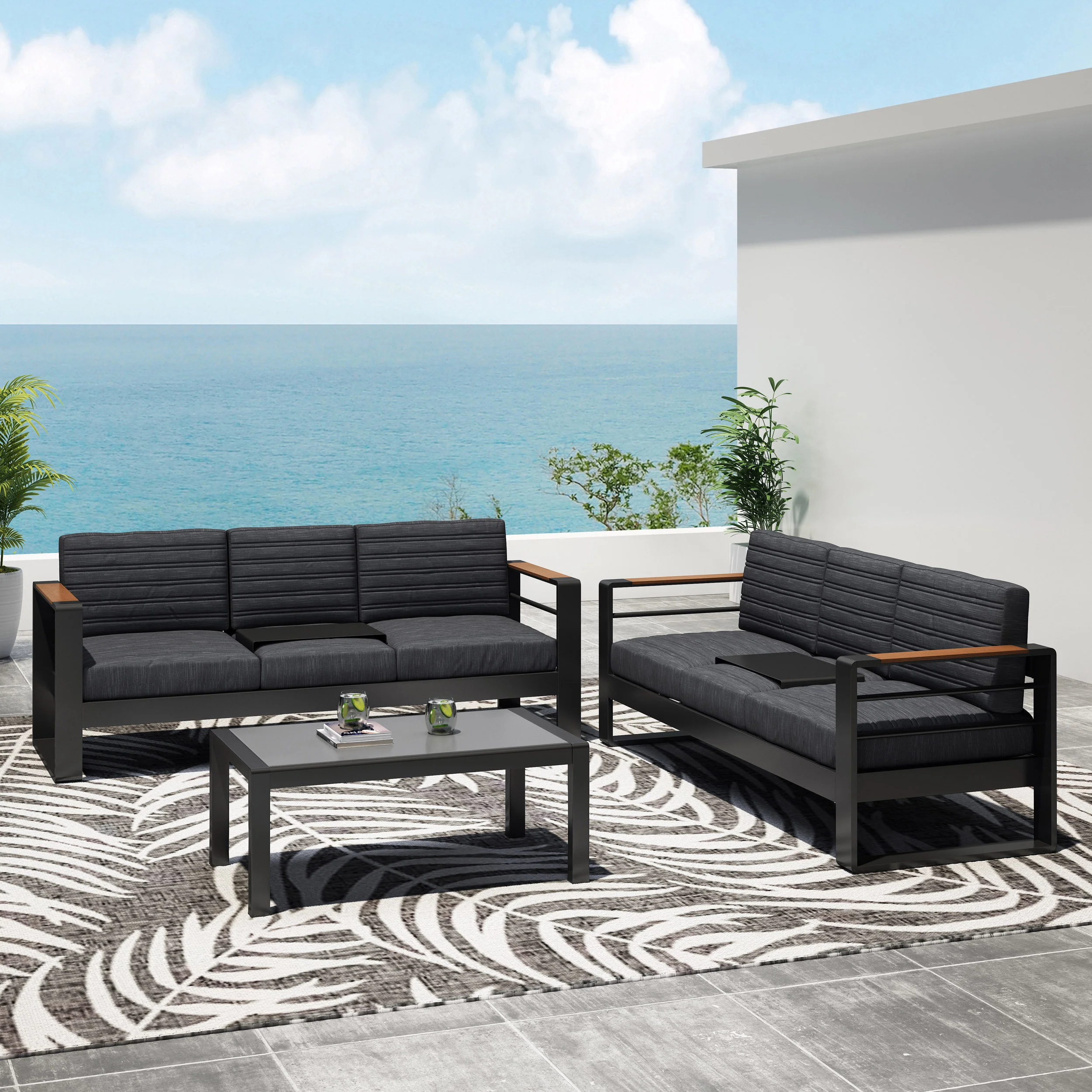 Neffs Outdoor Aluminum 6 Seater Chat Set with Water Resistant Cushions, Black, Natural, and Dark Gray - furnishings