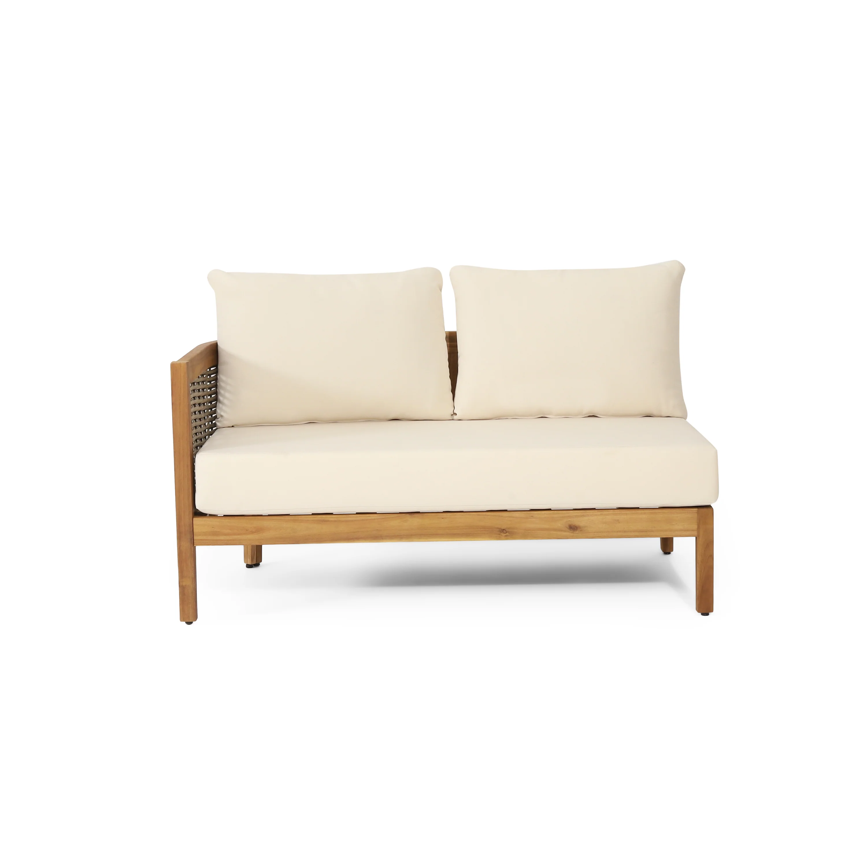 The Crowne Collection Outdoor Acacia Wood and Round Wicker 5 Seater Sectional Sofa Chat Set with Cushions, Teak, Mixed Brown, and Beige - furnishings
