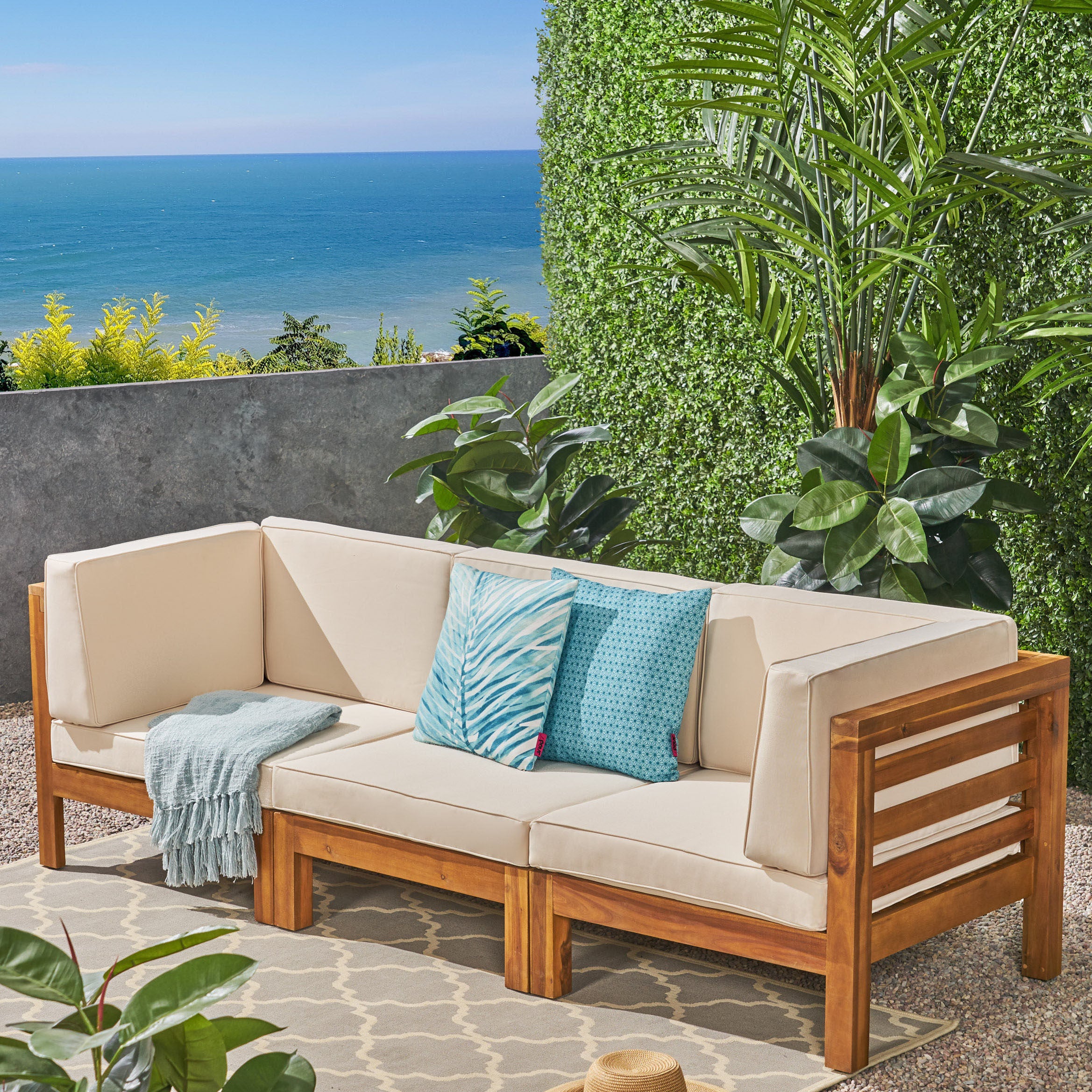 Dawson Outdoor Sectional Sofa Set - 3-Seater - Acacia Wood - Outdoor Cushions - furnishings