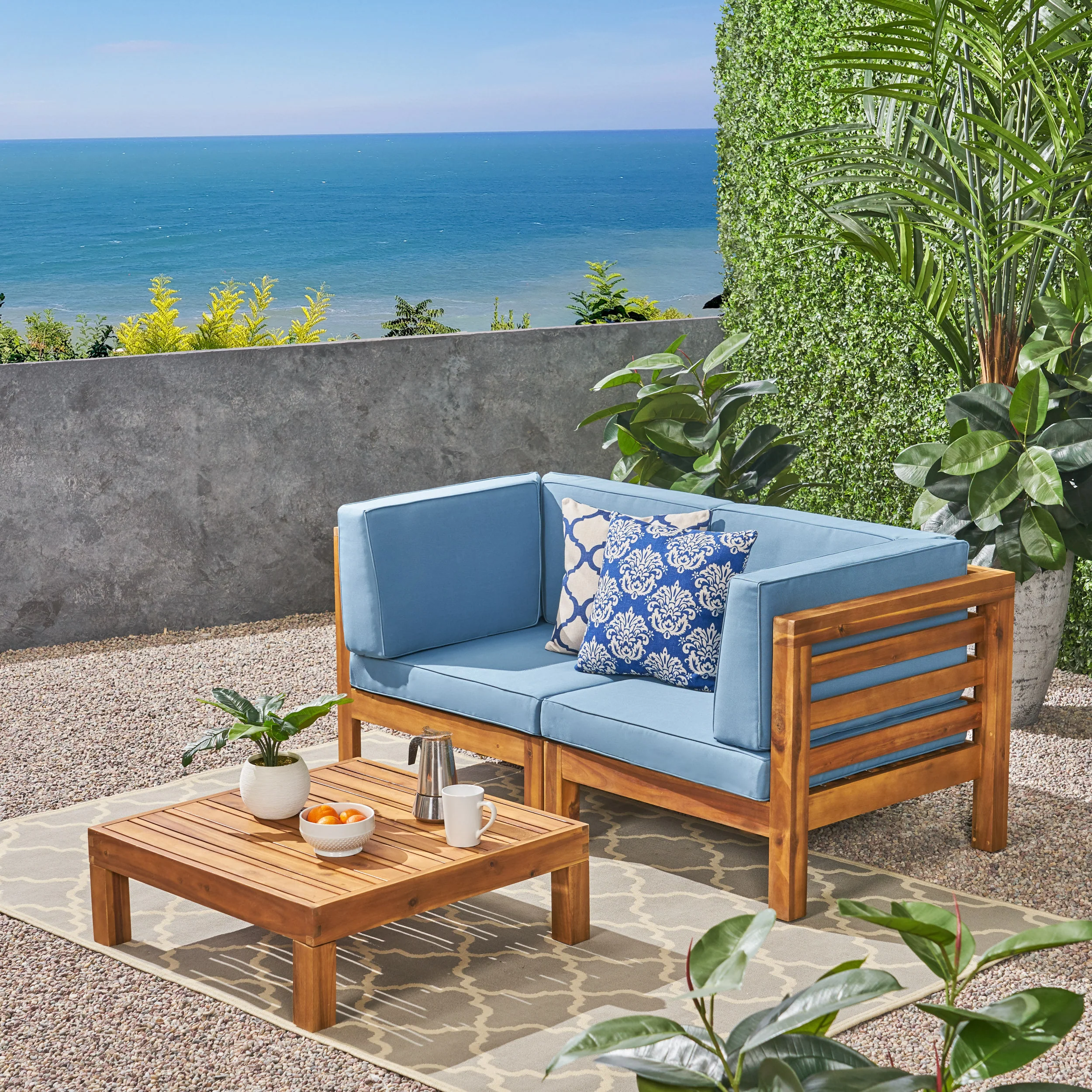 Dawson Outdoor Sectional Love Seat Set with Coffee Table - 3-Piece 2-Seater - Acacia Wood - Outdoor Cushions - furnishings