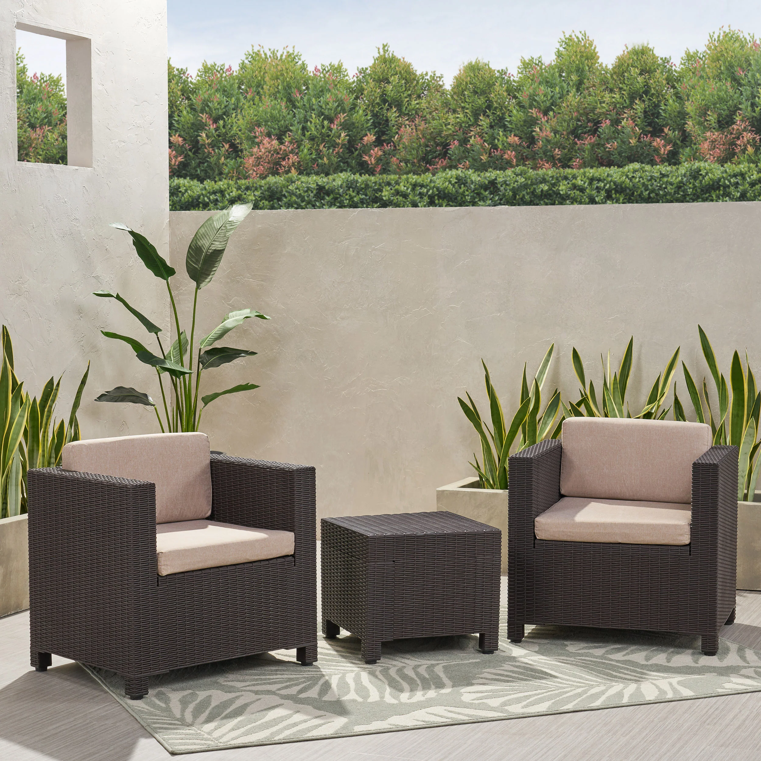 Riley Outdoor Wicker Print 2 Seater Chat Set with Side Table - furnishings