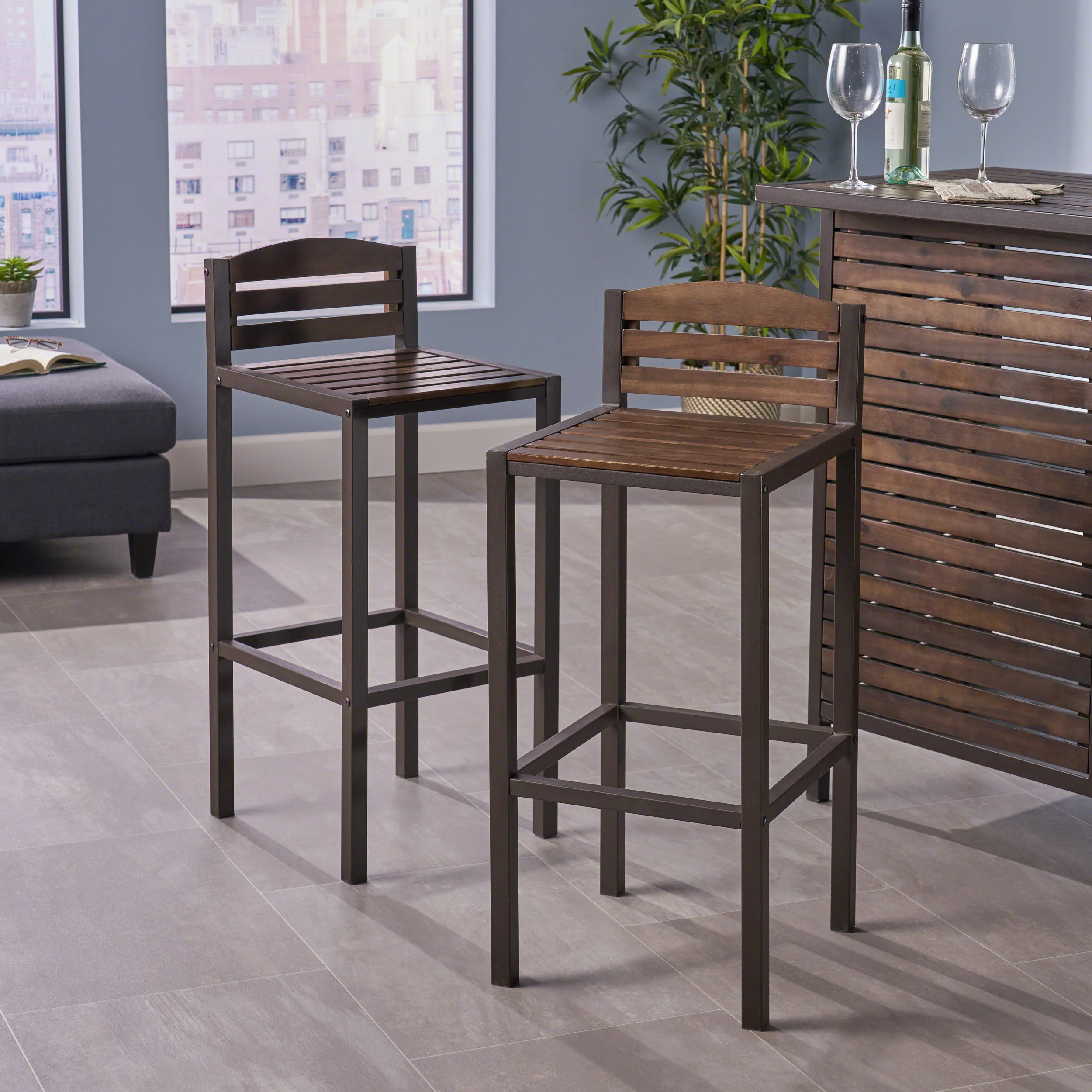 Isabel Acacia Rustic Metal & Dark Brown Wood 30-Inch Barstools (Set of 2) - furnishings