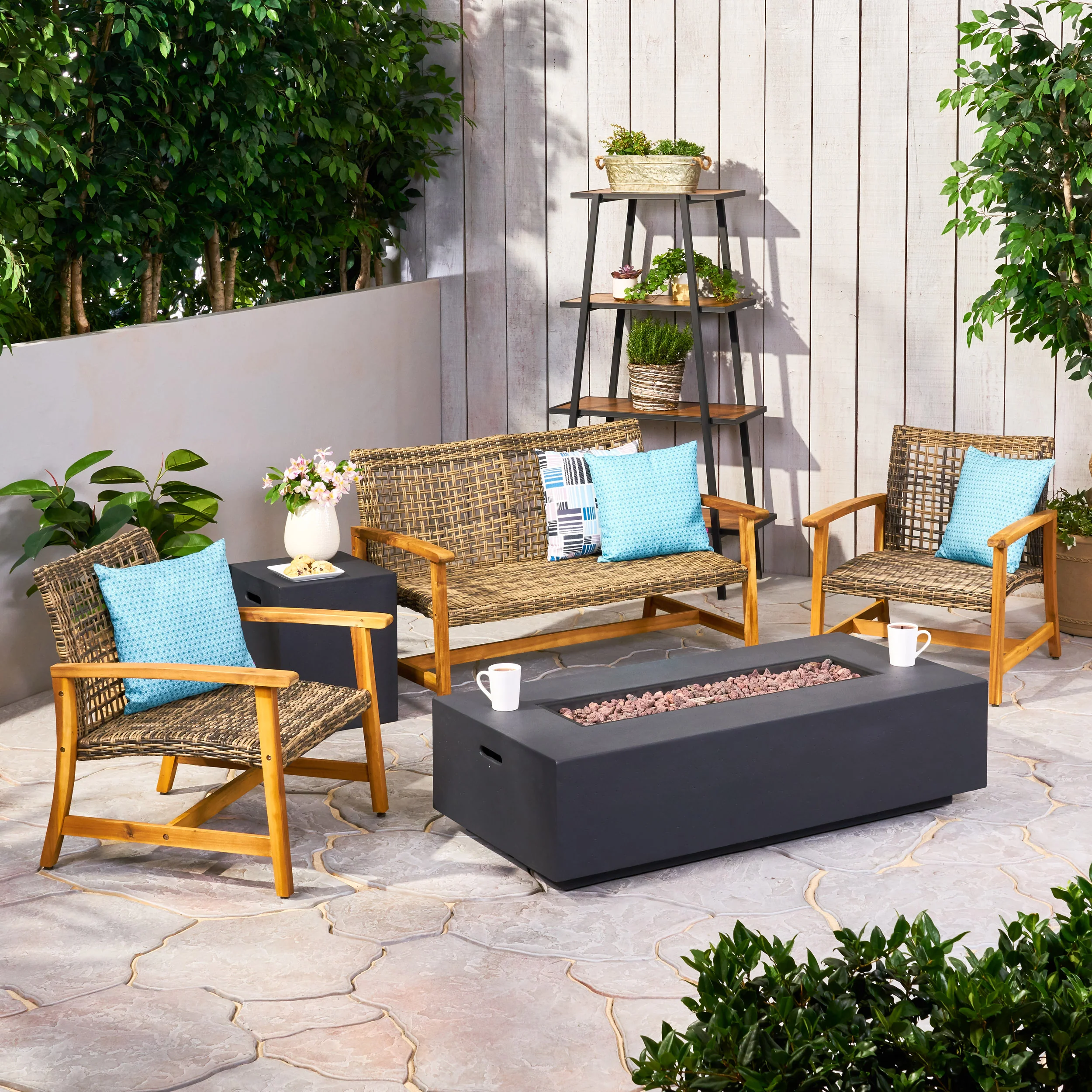 Tabby Outdoor 5 Piece Wood and Wicker Chat Set with Fire Pit - furnishings