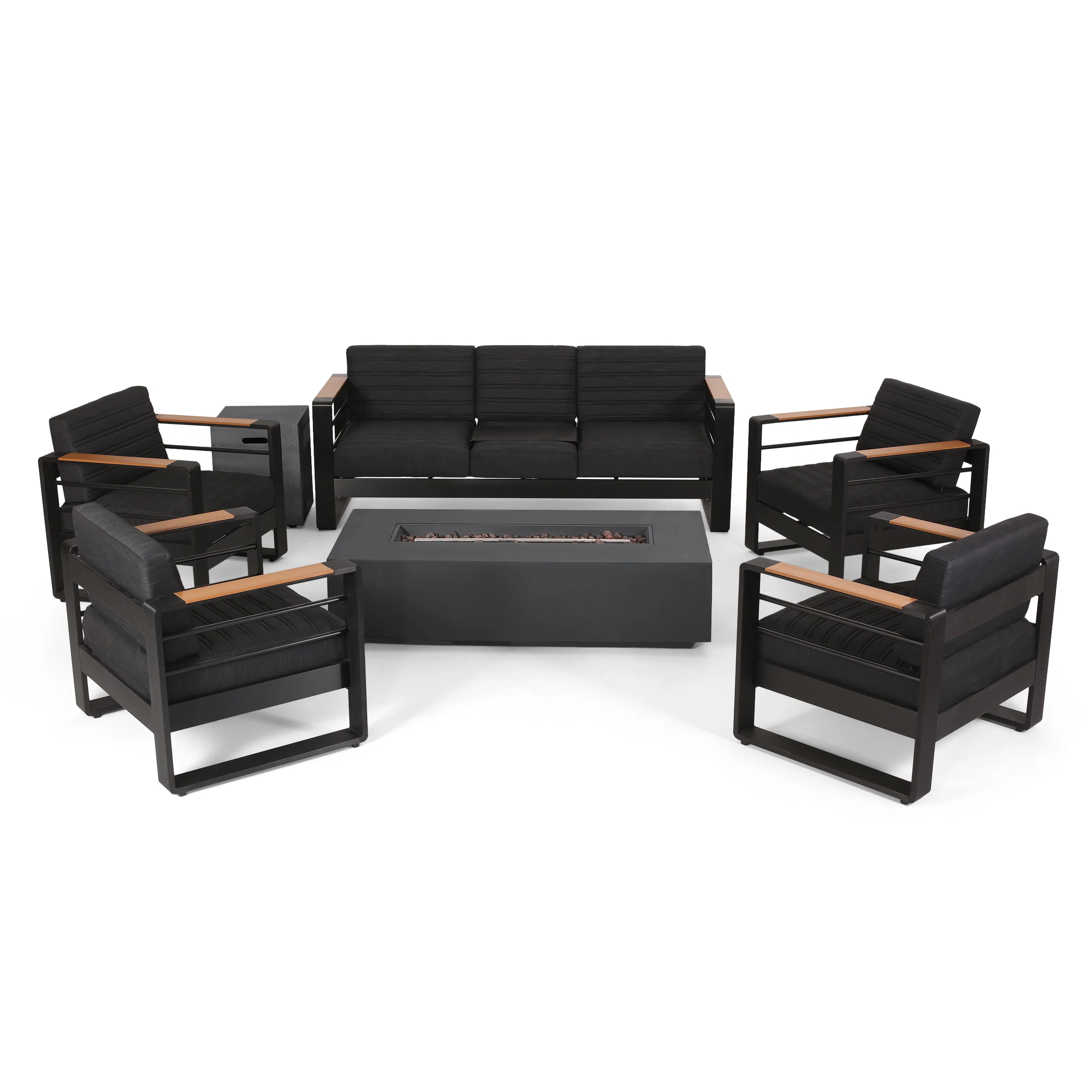 Neffs Outdoor Aluminum 7 Seater Chat Set with Fire Pit, Black, Natural, and Dark Gray - furnishings