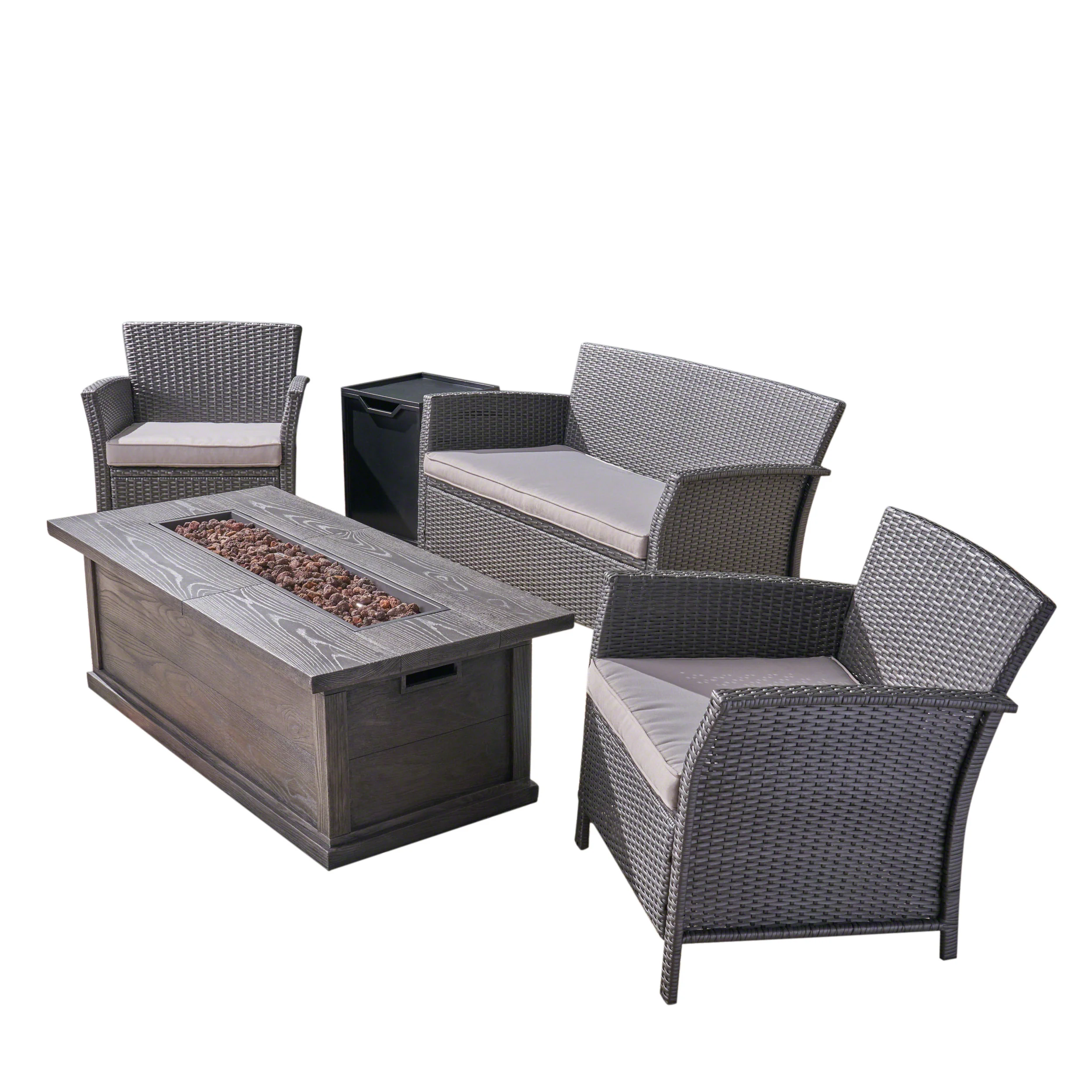 Laiah Outdoor 4 Seater Wicker Chat Set with Iron Fire Pit - furnishings