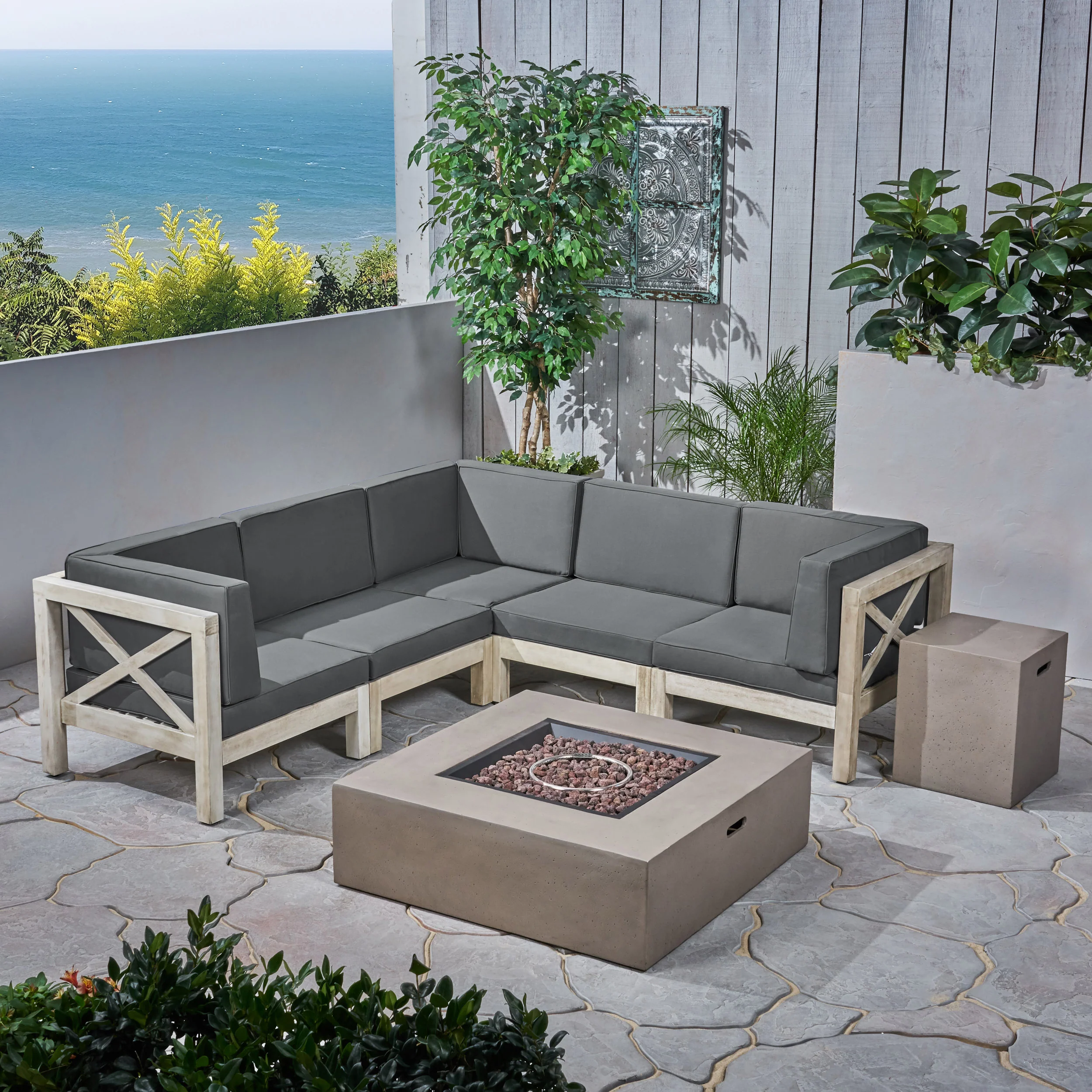 Cynthia Outdoor Acacia Wood 5 Seater Sectional Sofa Set with Fire Pit - furnishings