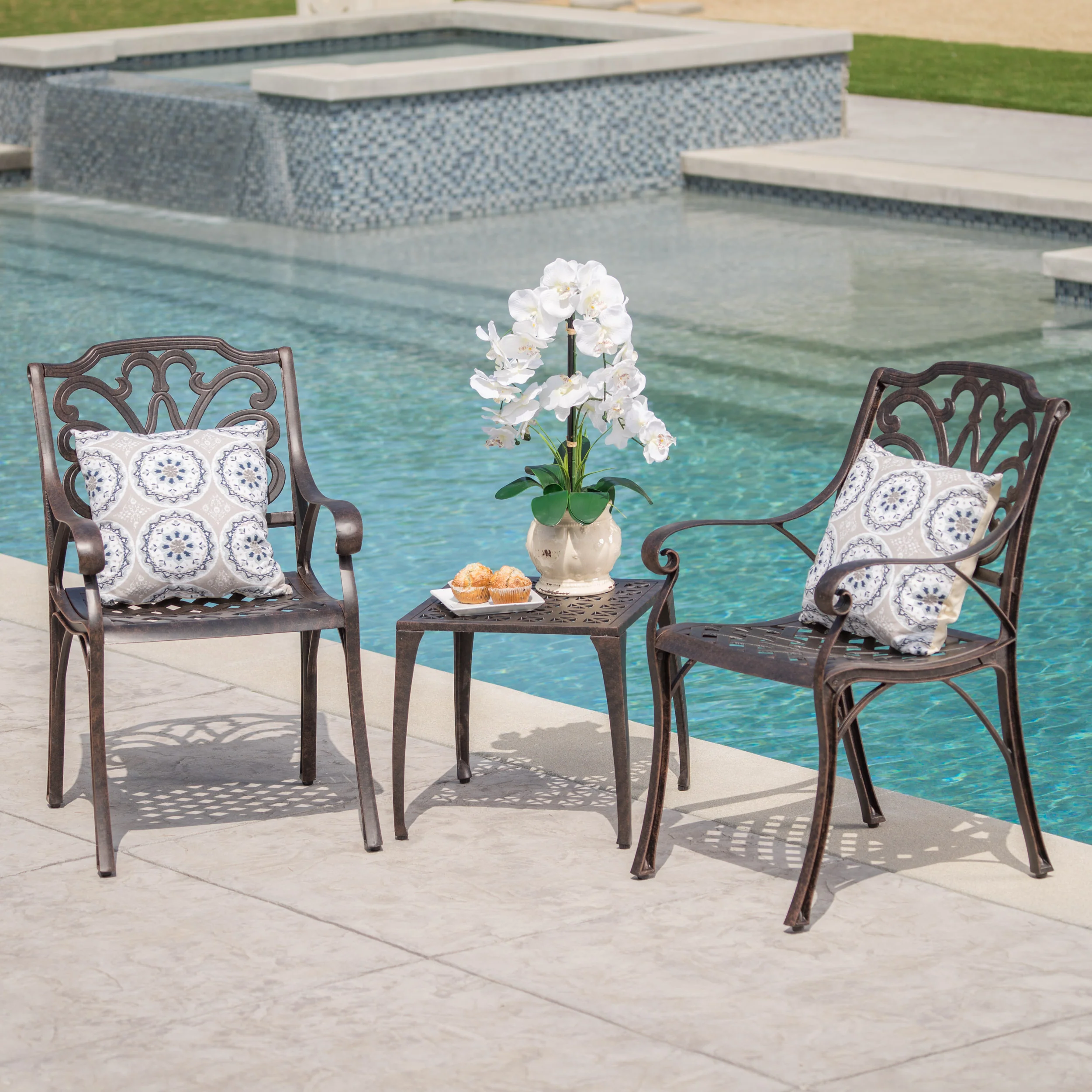 Kata Outdoor 3 Piece Bronze Finished Cast Aluminum Chat Set - furnishings