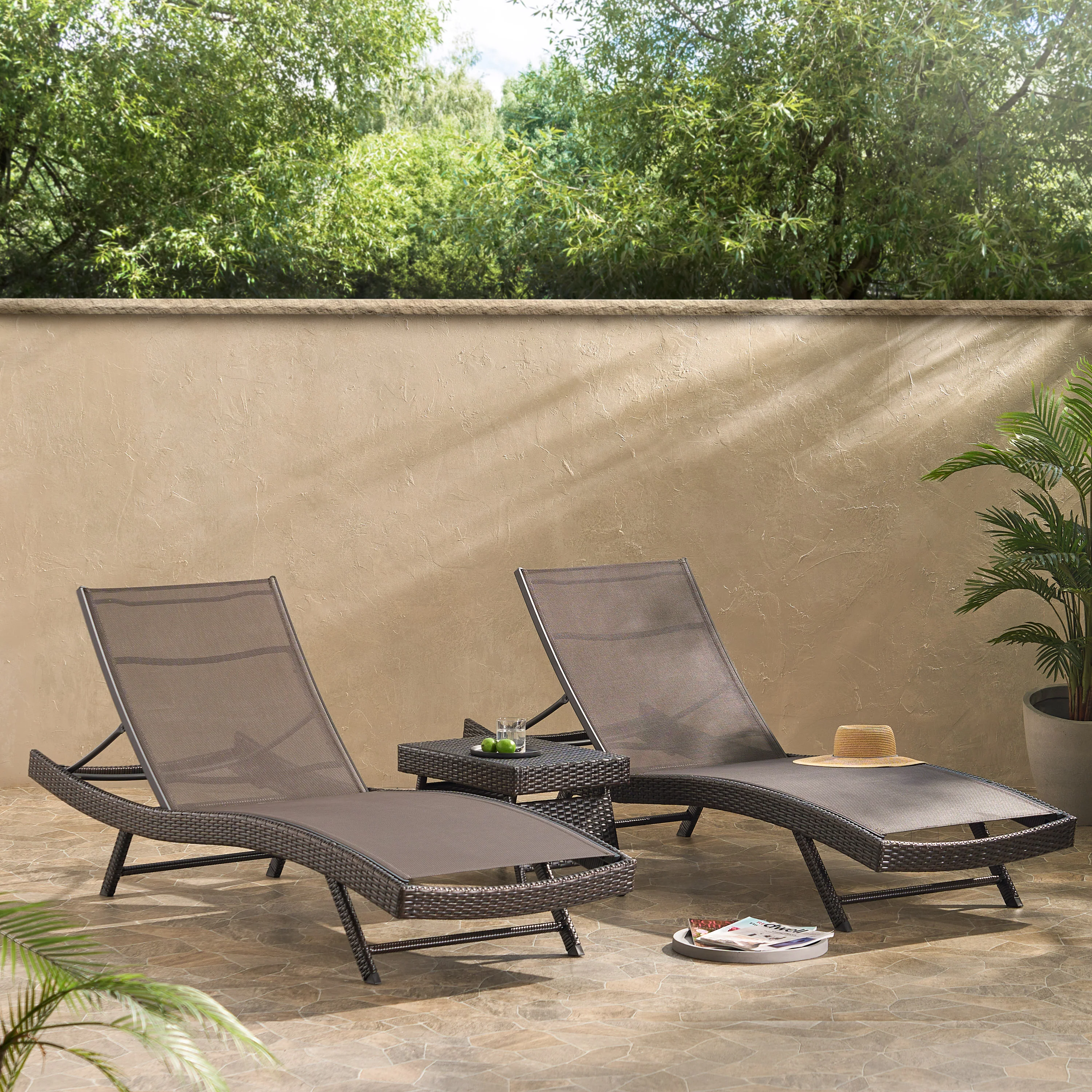 Burnham Outdoor 3pc Brown Mesh Chaise Lounge Chairs Set - furnishings