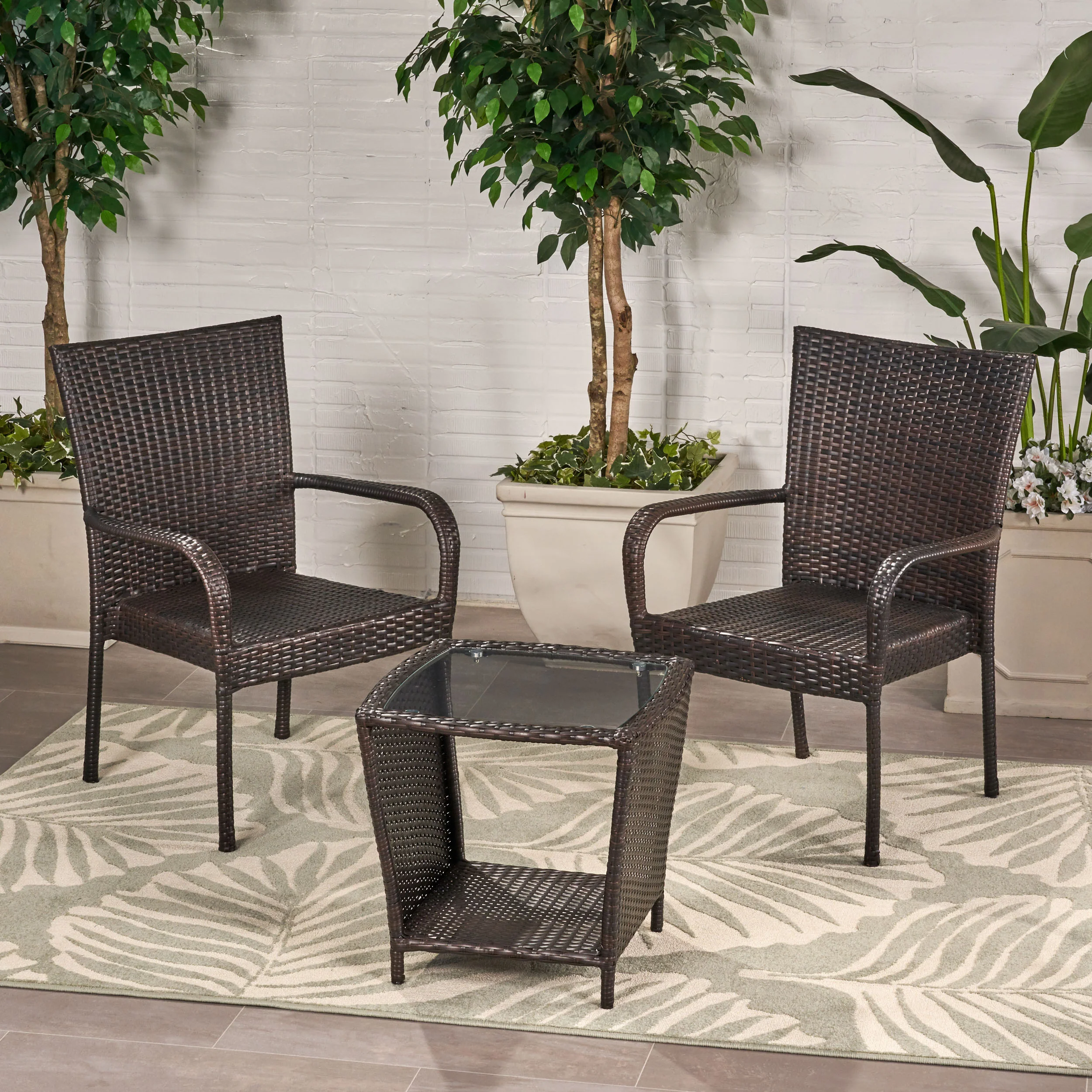 Parham Outdoor 3 Piece Multi-brown Wicker Stacking Chair Chat Set - furnishings