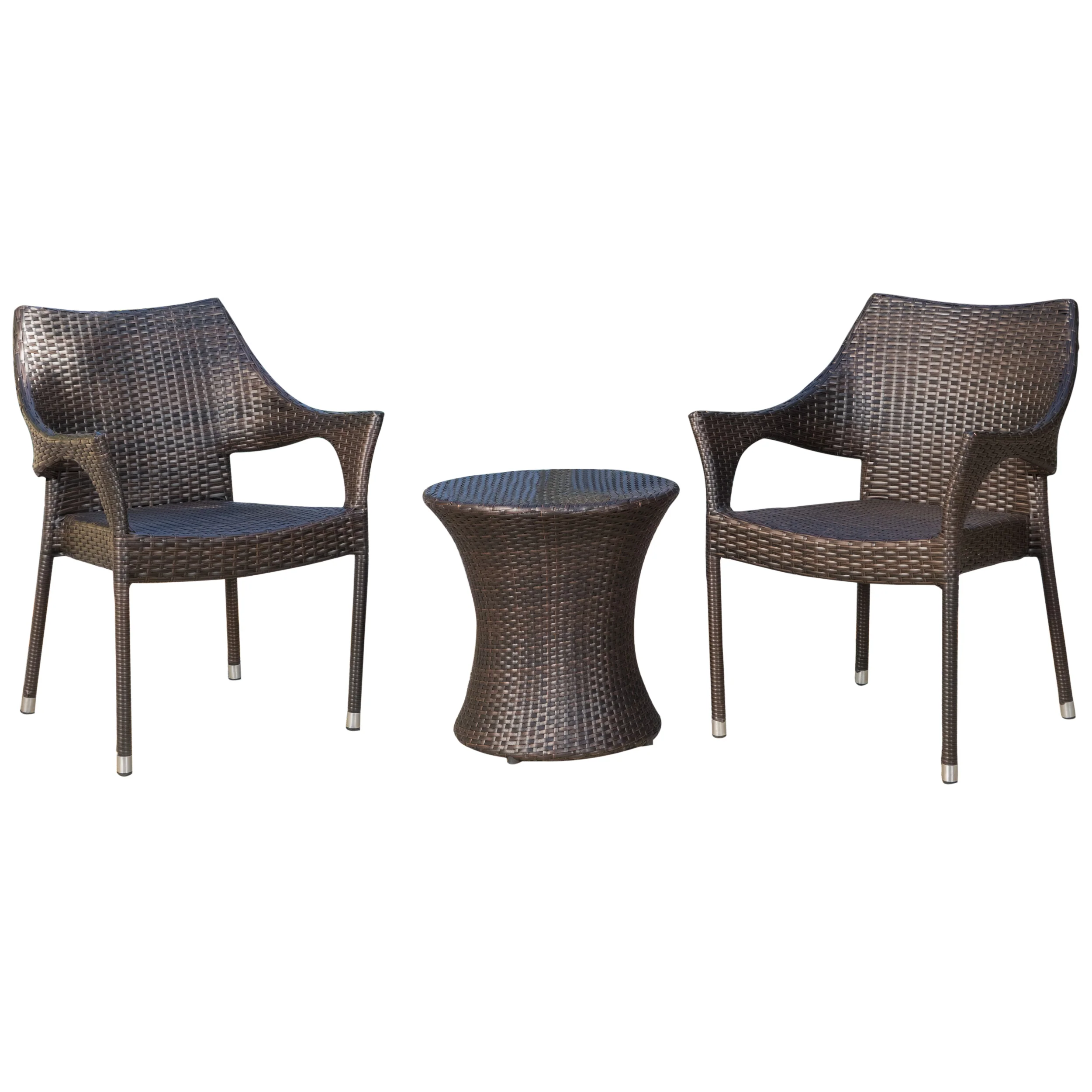 Tahitian Outdoor 3 Piece Multi-Brown Wicker Chat Set with Stacking Chairs - furnishings