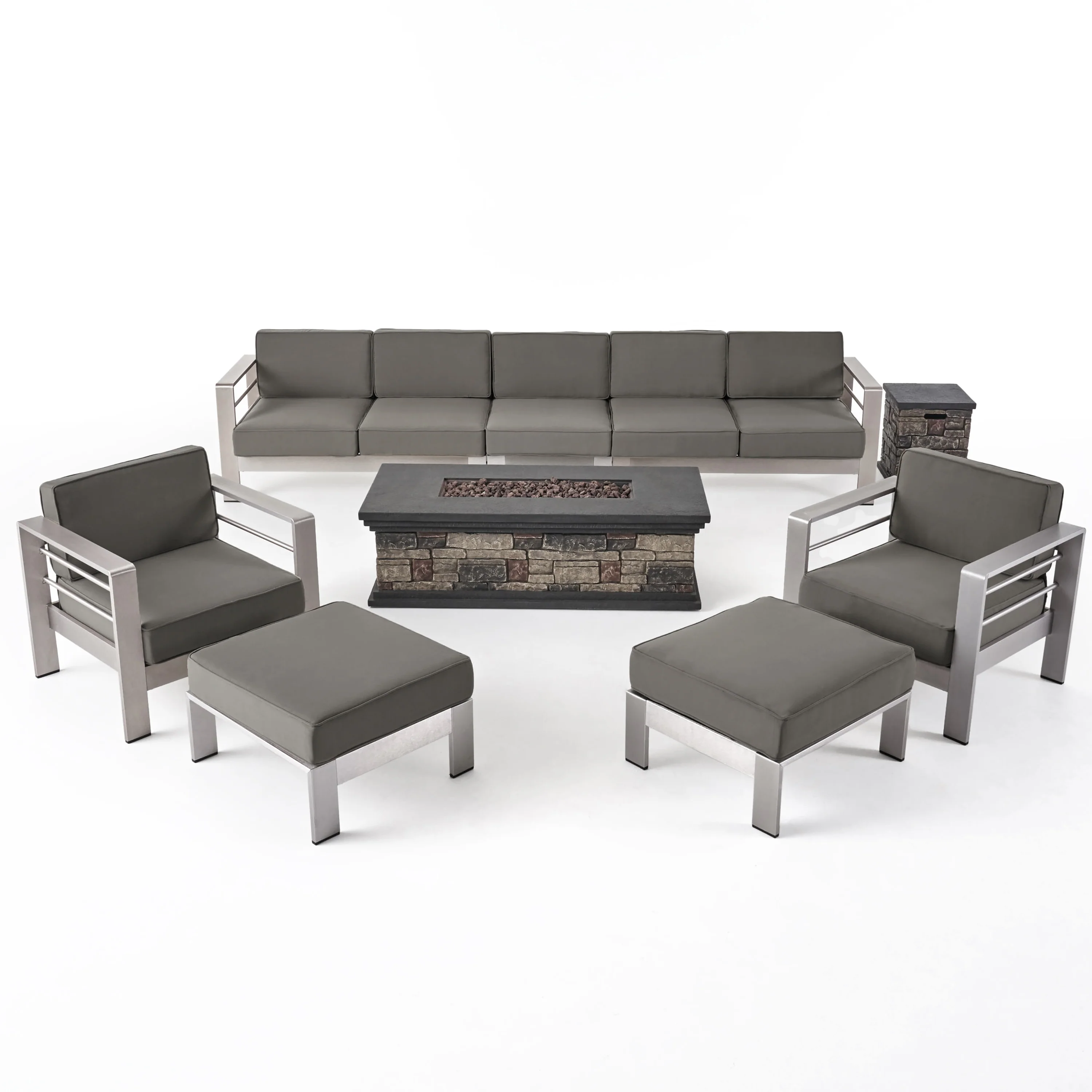 Danae Coral Outdoor 7 Seater Extended Aluminum Chat Set with Fire Pit - furnishings