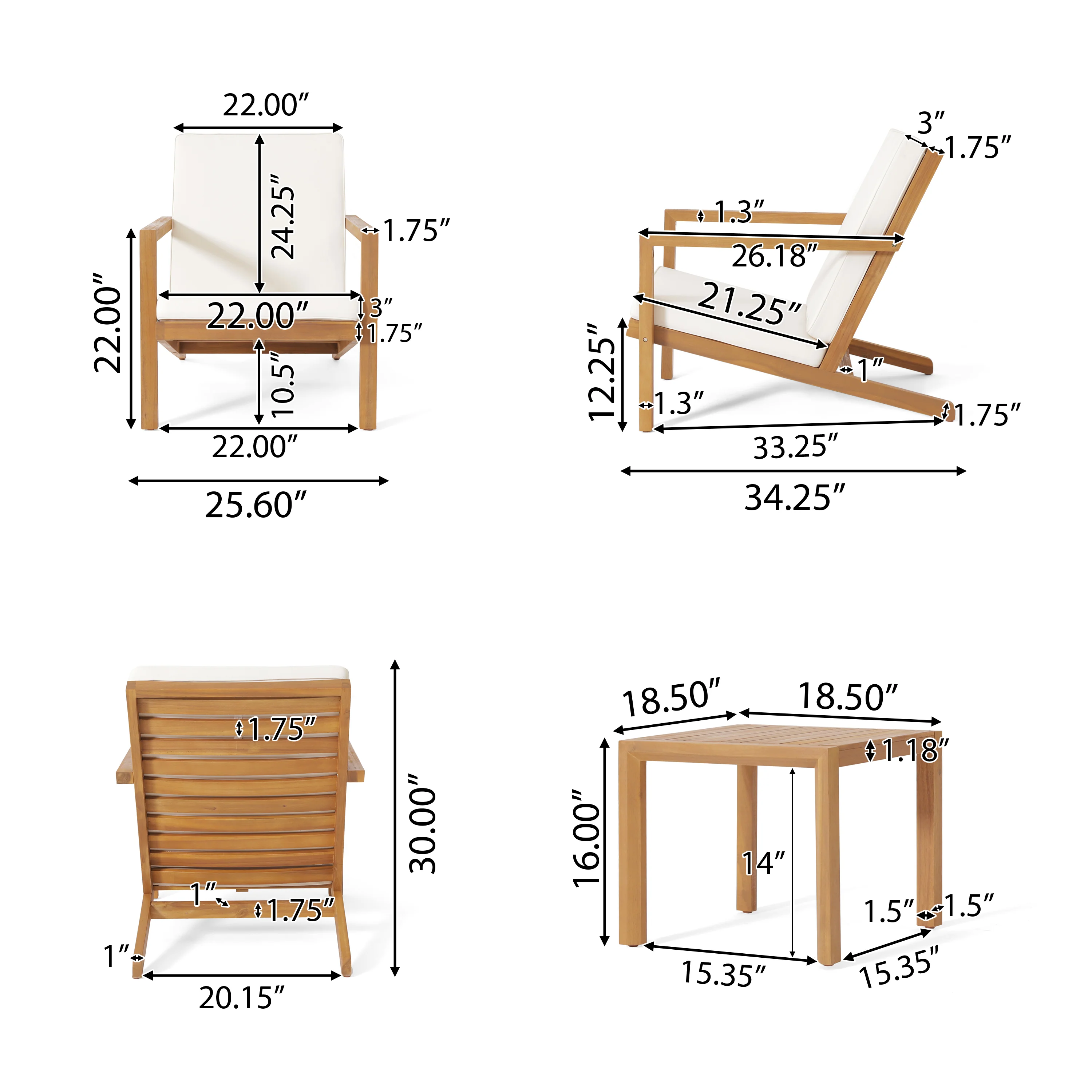 Ludwig Outdoor Acacia Wood 3 Piece Chat Set with Cushions - furnishings