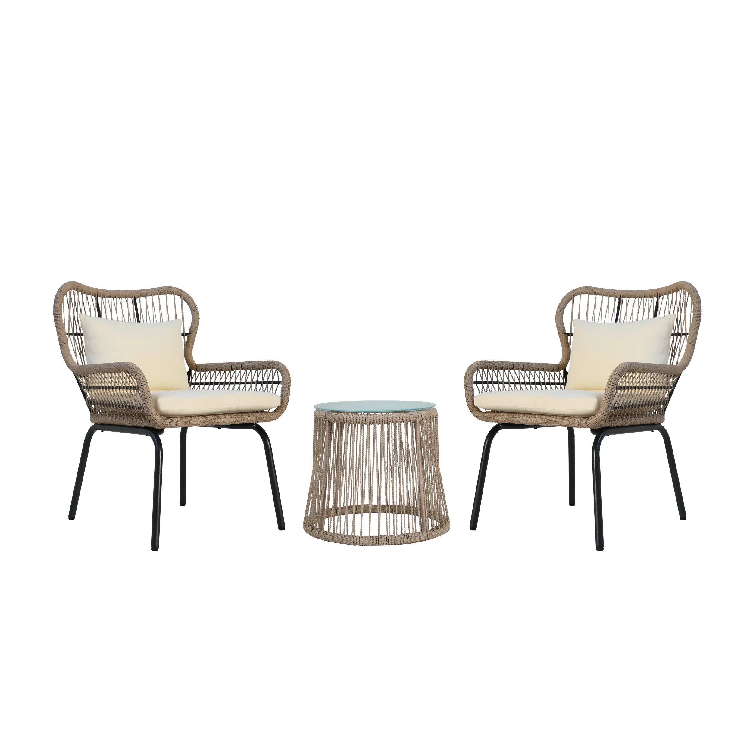 Karen Patio Conversation Set, 2-Seater with Accent Table, Iron and Rope with Water-Resistant Cushions - furnishings