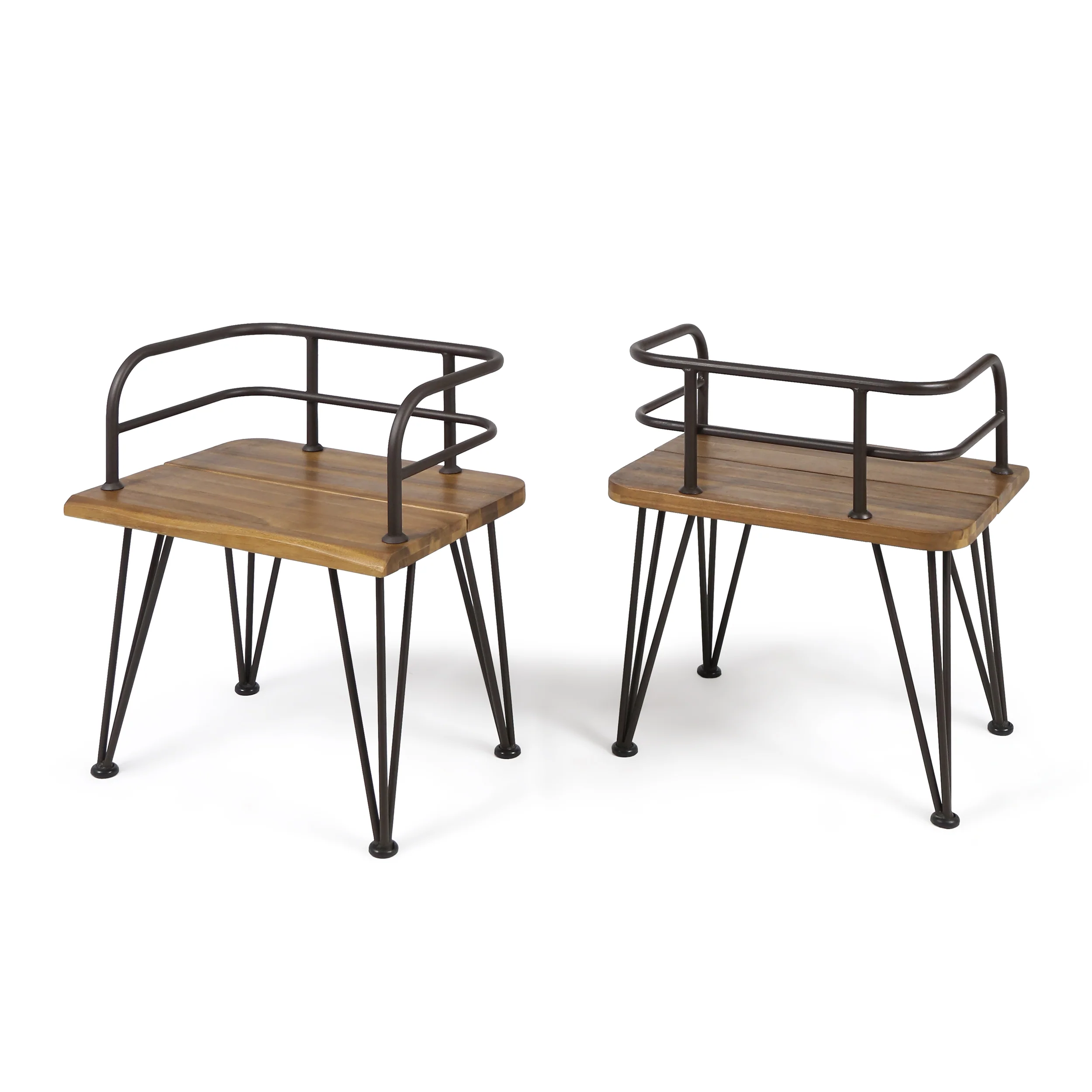 Avy Outdoor Rustic Industrial Acacia Wood Chairs with Metal Hairpin Legs (Set of 2), Teak - furnishings