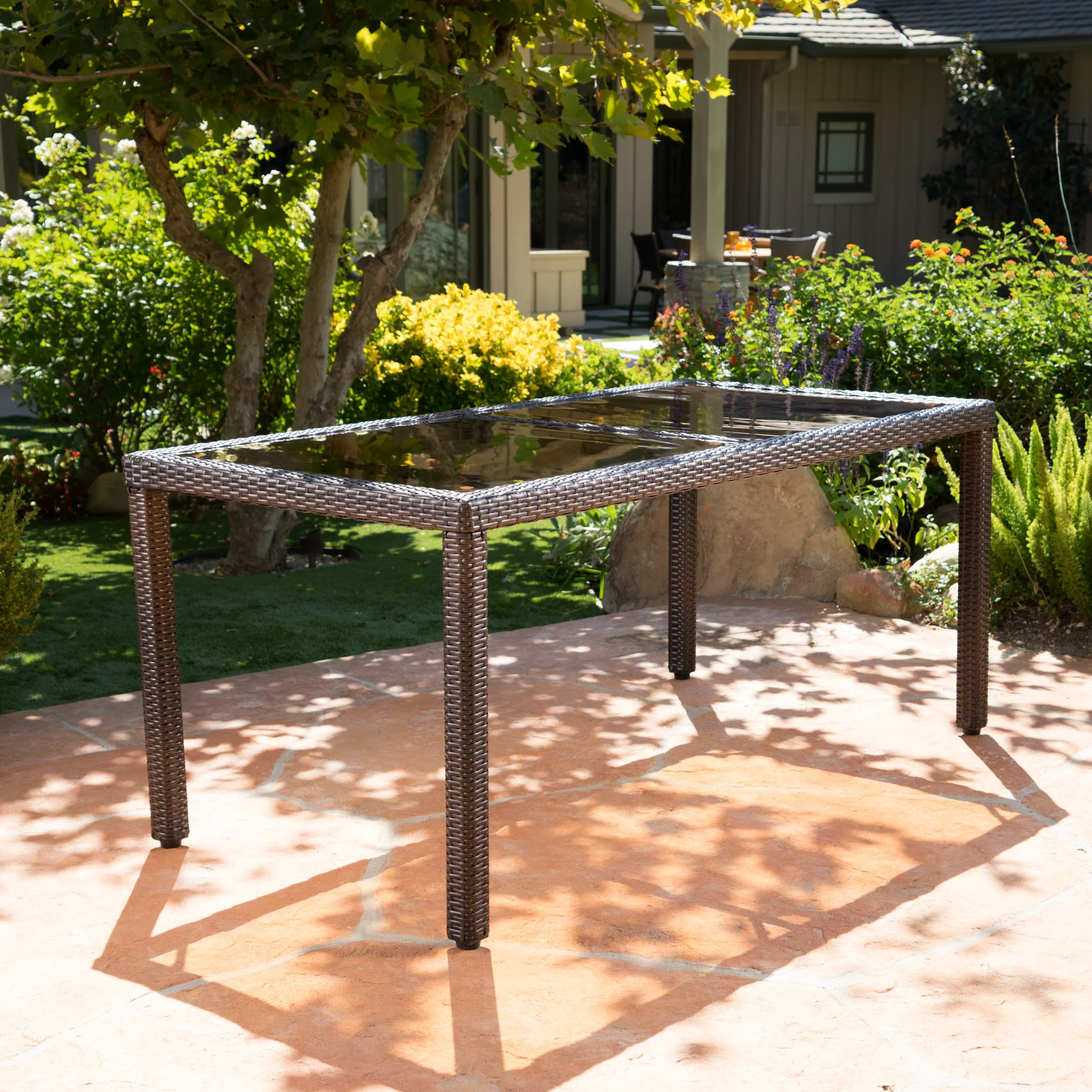 San Simeon Outdoor Wicker Rectangular Dining Table with Tempered Glass Top - furnishings