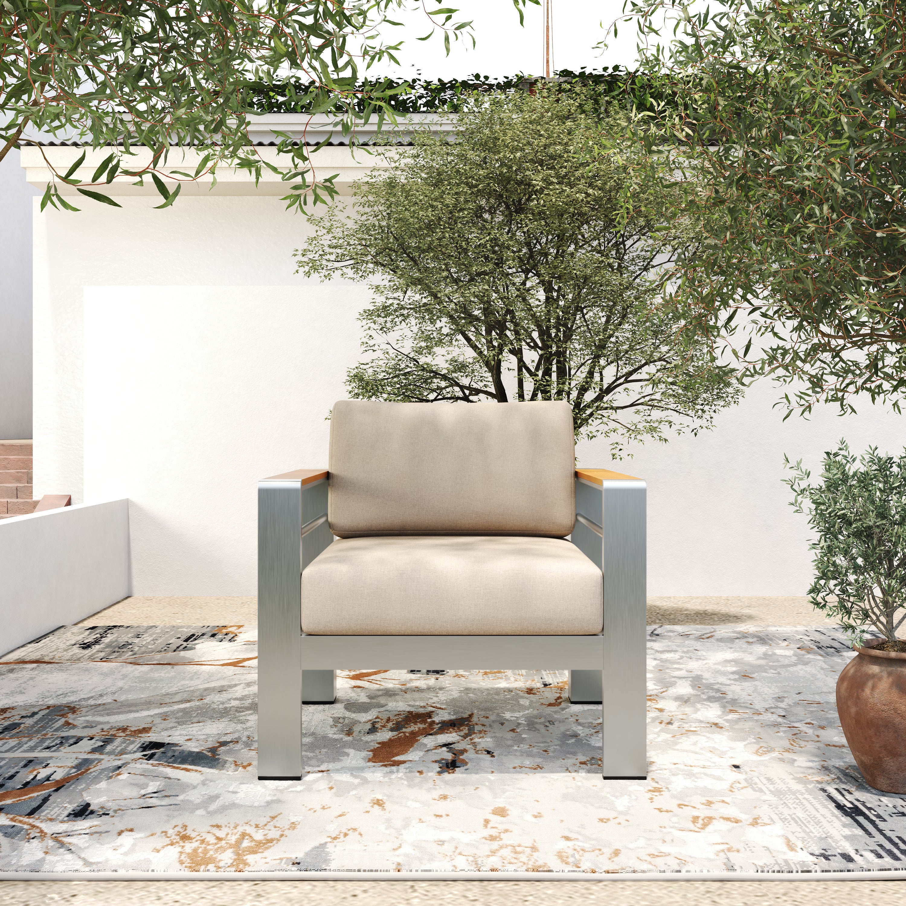 Therone Aluminum Outdoor Patio Club Chair with Beige Cushions - furnishings