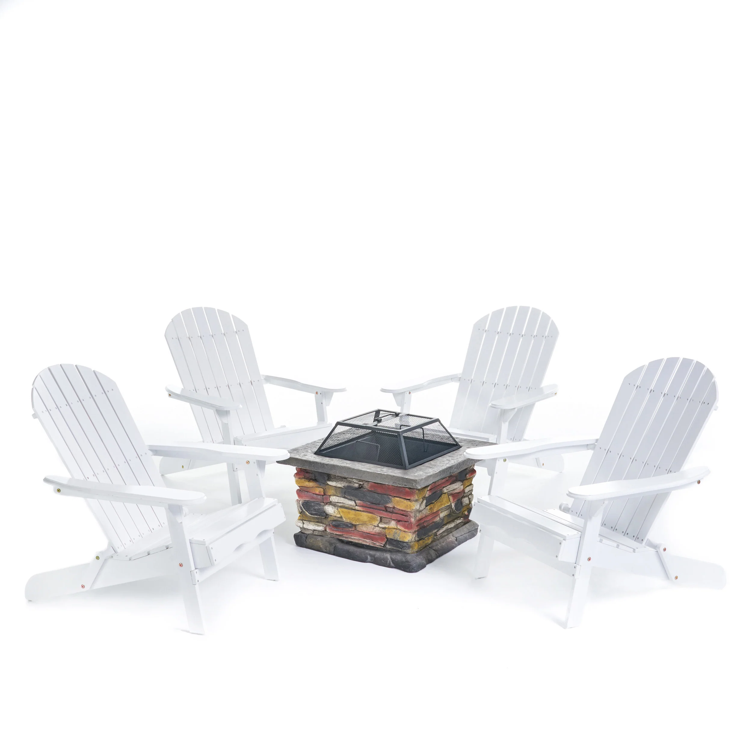 Benson Outdoor 5 Piece Acacia Wood/ Light Weight Concrete Adirondack Chair Set with Fire Pit - furnishings