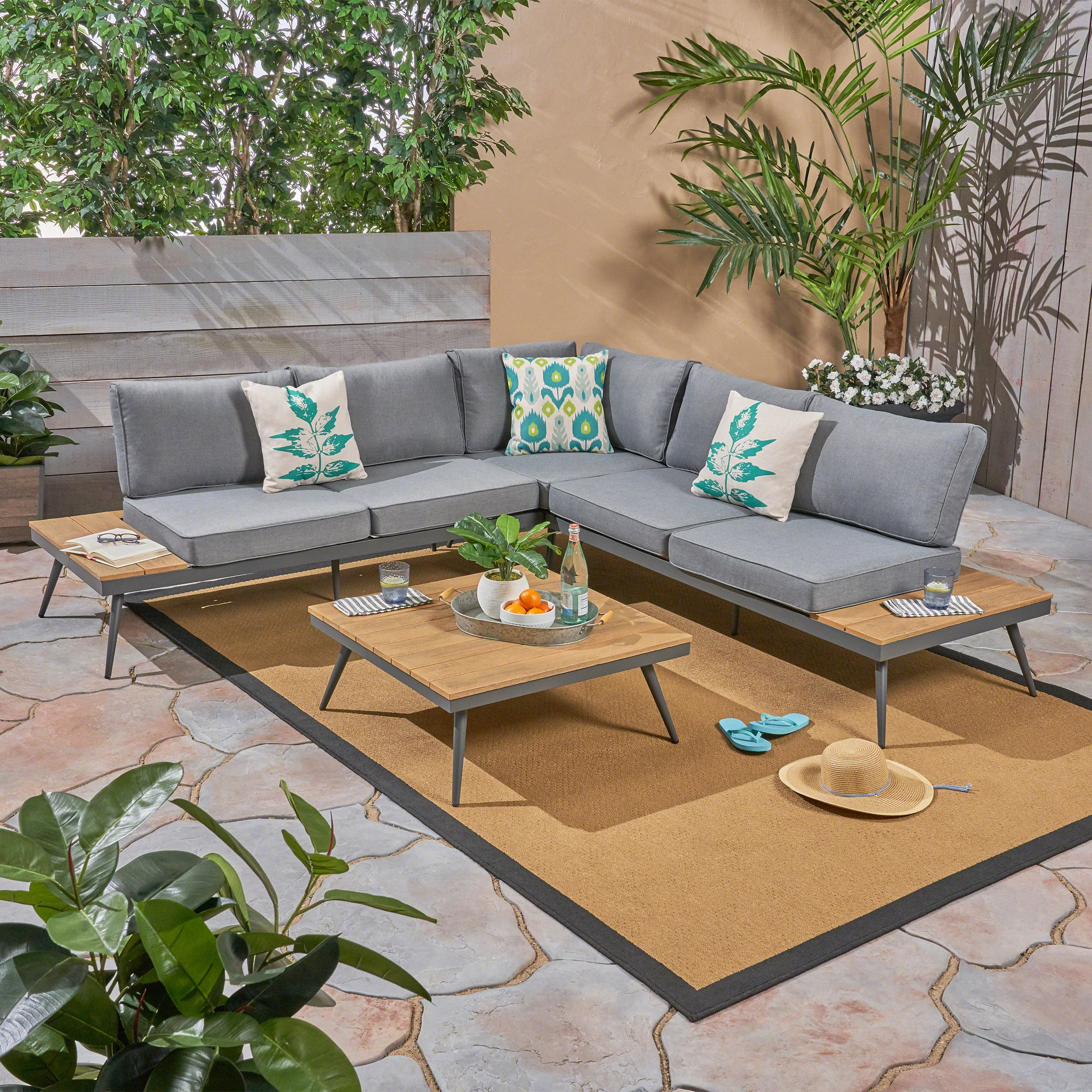 Deborah Outdoor Wood and Aluminum V-Shaped 5 Seater Sofa Set - furnishings