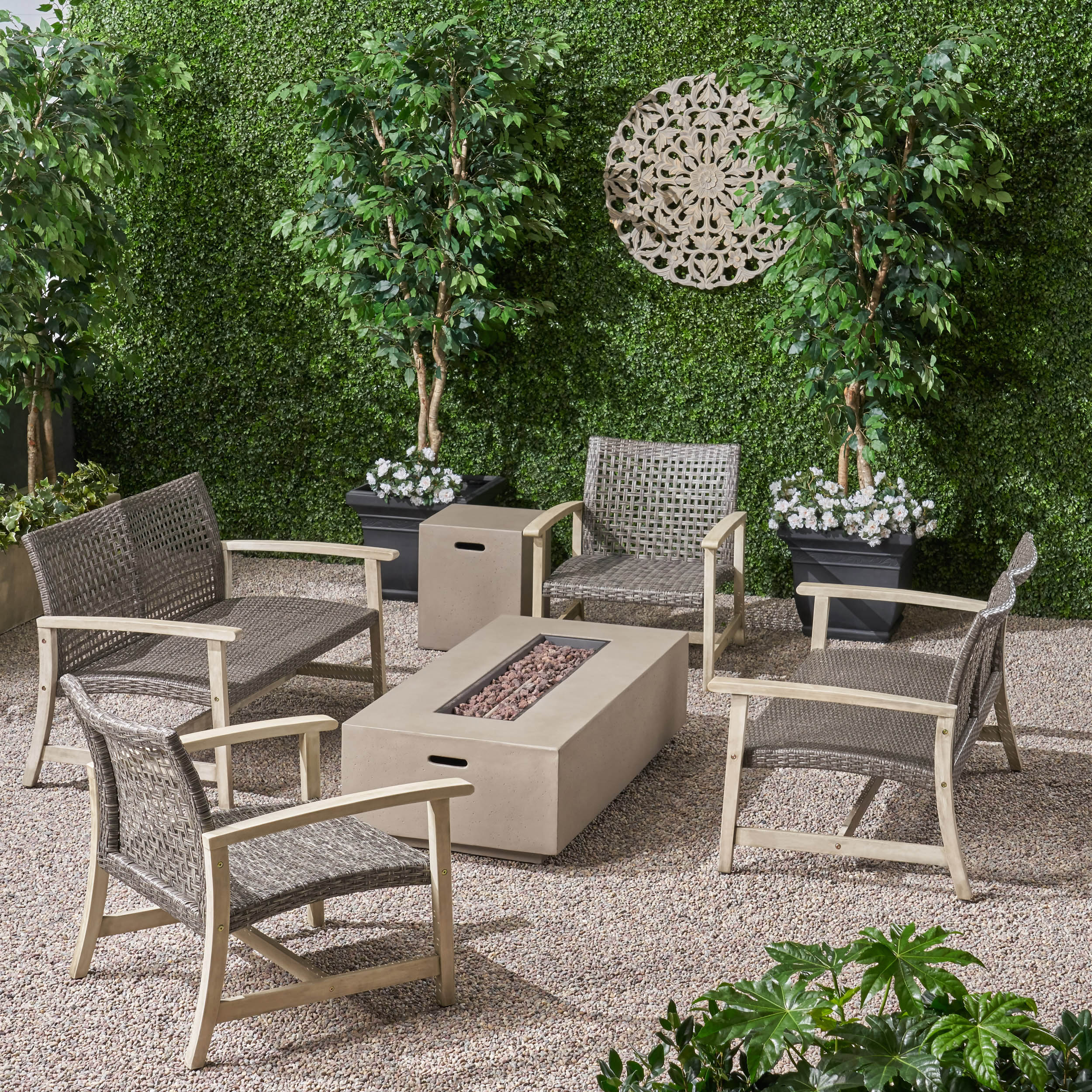 Tabby Outdoor 6 Seater Wood and Wicker Chat Set with Fire Pit - furnishings