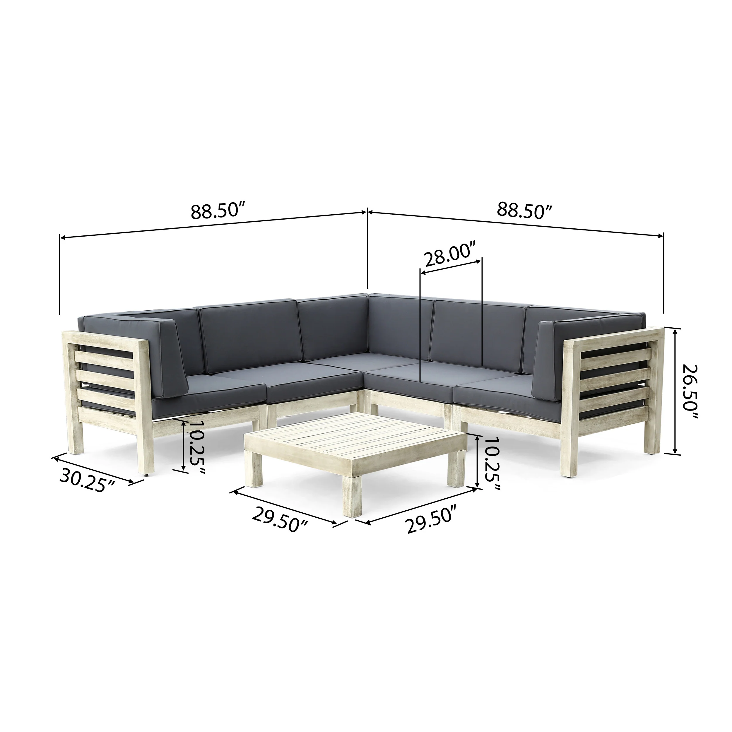 Dawson Outdoor V-Shaped Sectional Sofa Set with Coffee Table - 6-Piece 5-Seater - Acacia Wood - Outdoor Cushions - Weathered Gray and Dark Gray - furnishings