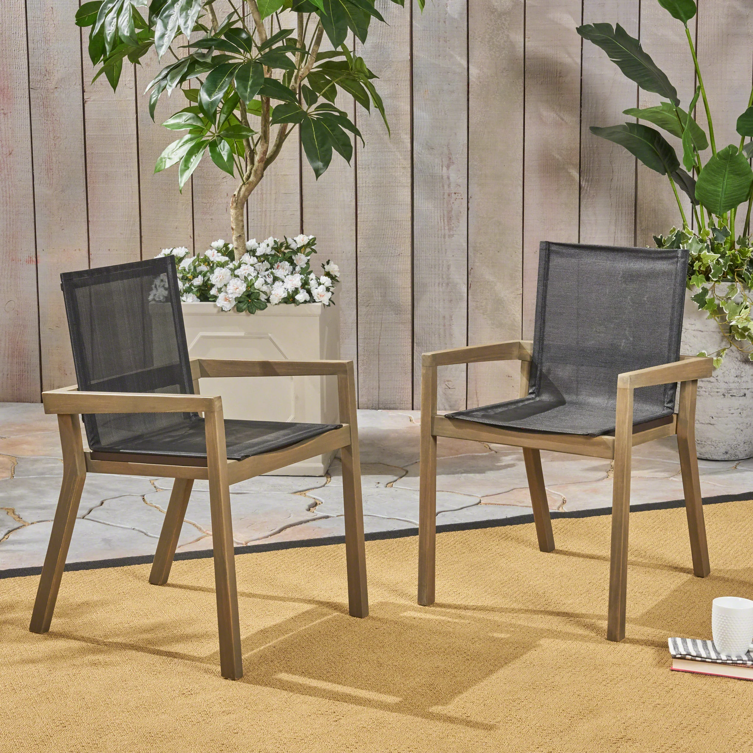 Jimmy Outdoor Acacia Wood and Mesh Dining Chairs (Set of 2) - furnishings