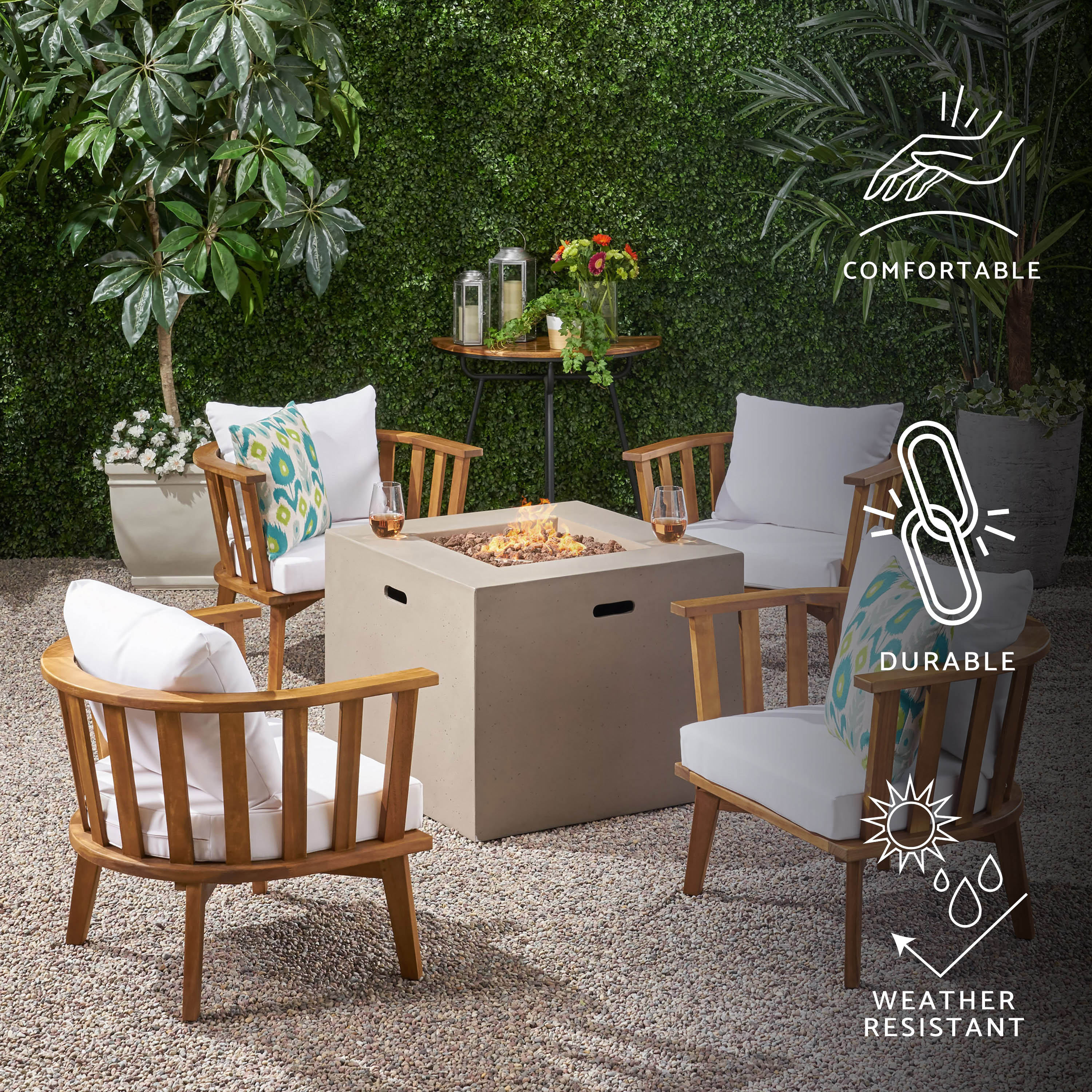 Ayla Outdoor Acacia Wood 4 Seater Club Chairs and Fire Pit Set - furnishings