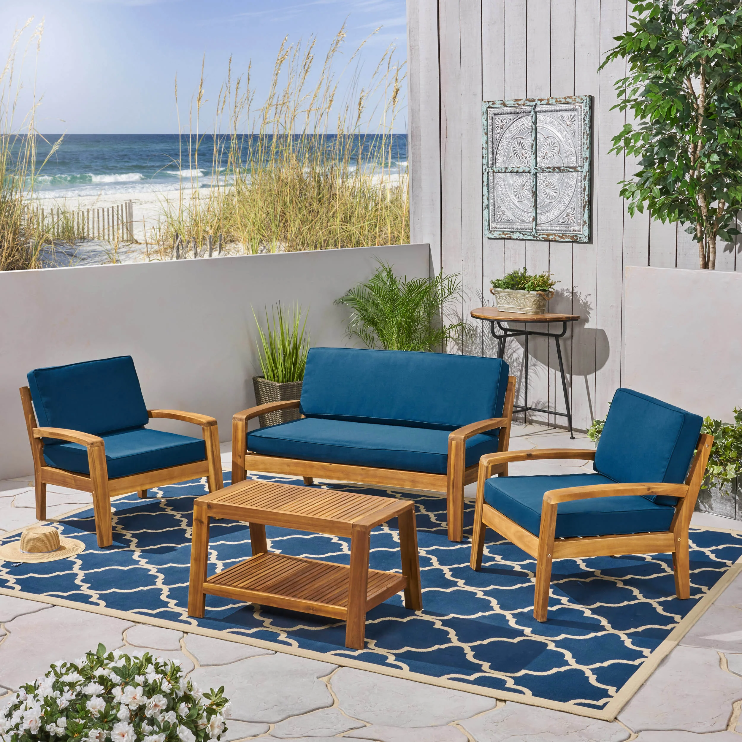 Parma Patio Acacia Wood 4-Seater Conversation Set with Coffee Table and Cushions - furnishings