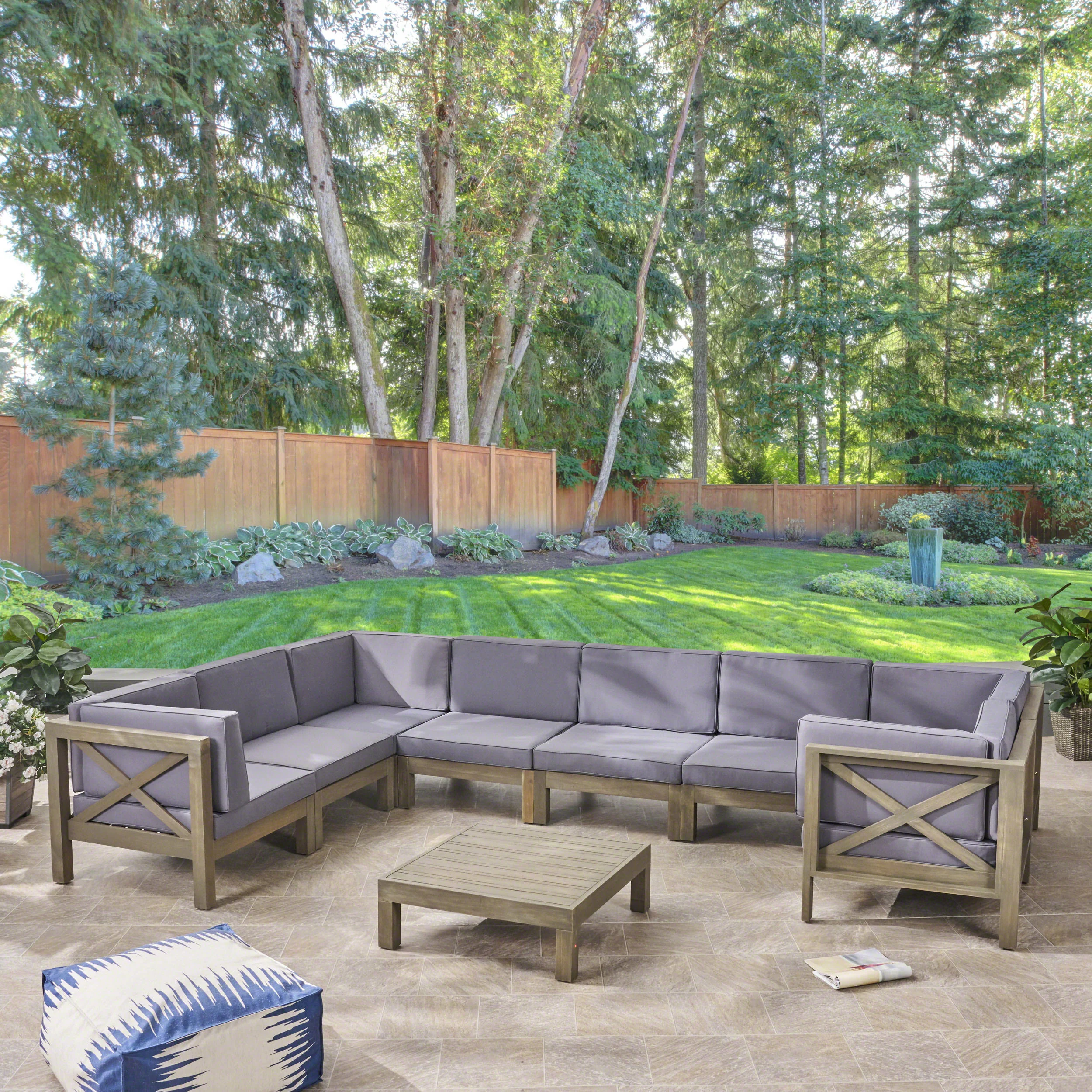Keith Outdoor Acacia Wood 8 Seater U-Shaped Sectional Sofa Set with Coffee Table - furnishings