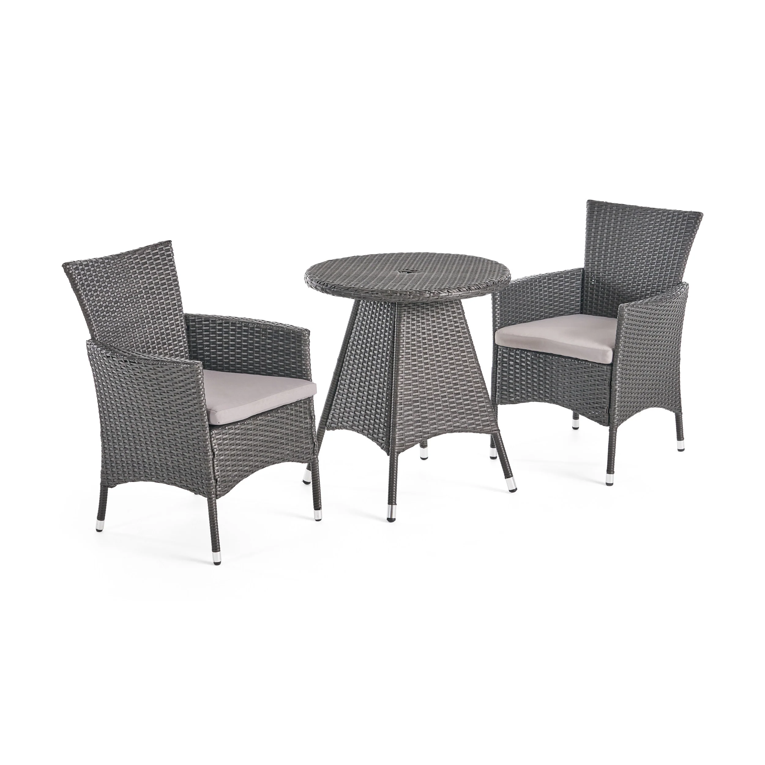 Frank Outdoor 3 Piece Wicker Bistro Set, Grey with Silver Cushions - furnishings