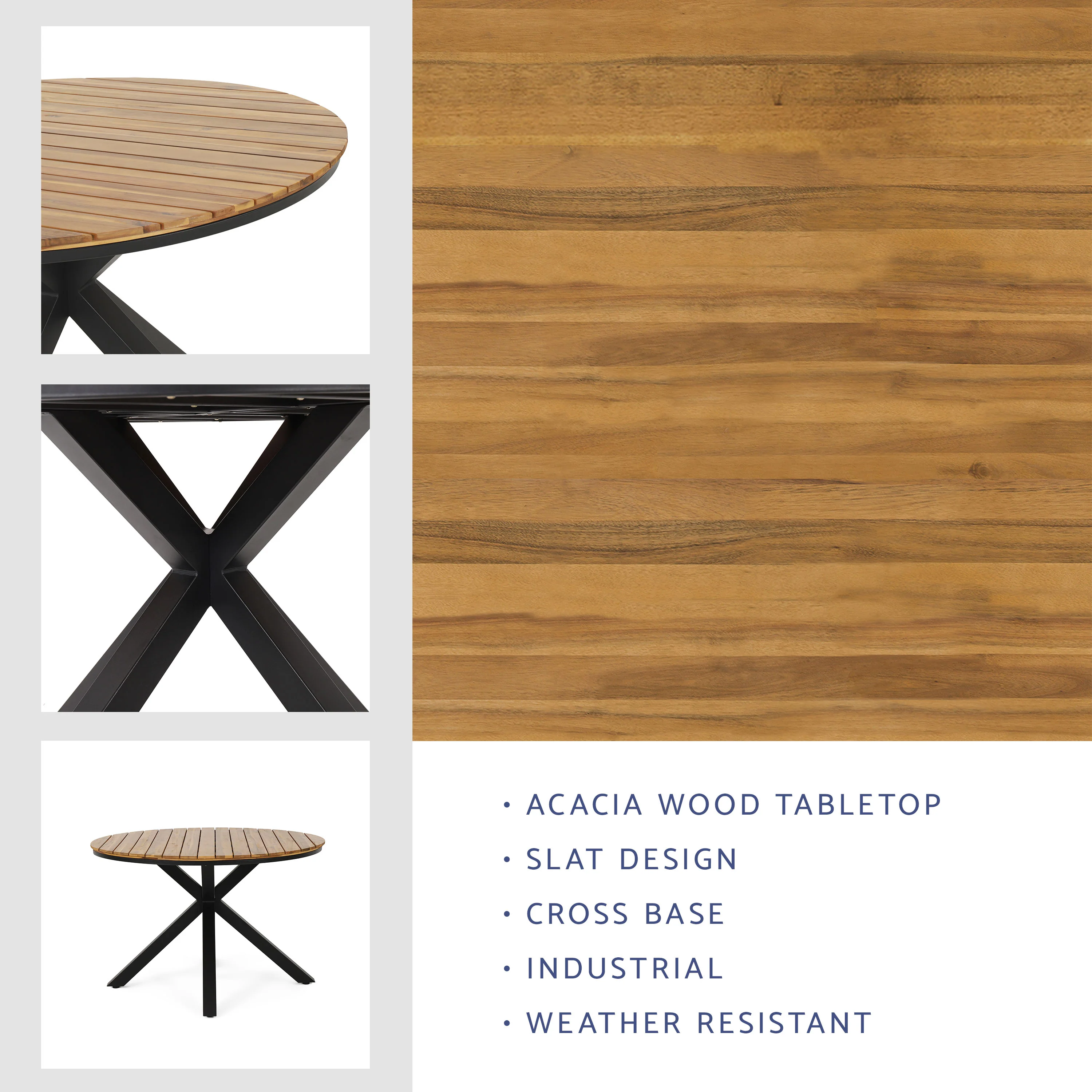 Mellie Outdoor Acacia Wood Circular Dining Table, Teak and Black - furnishings