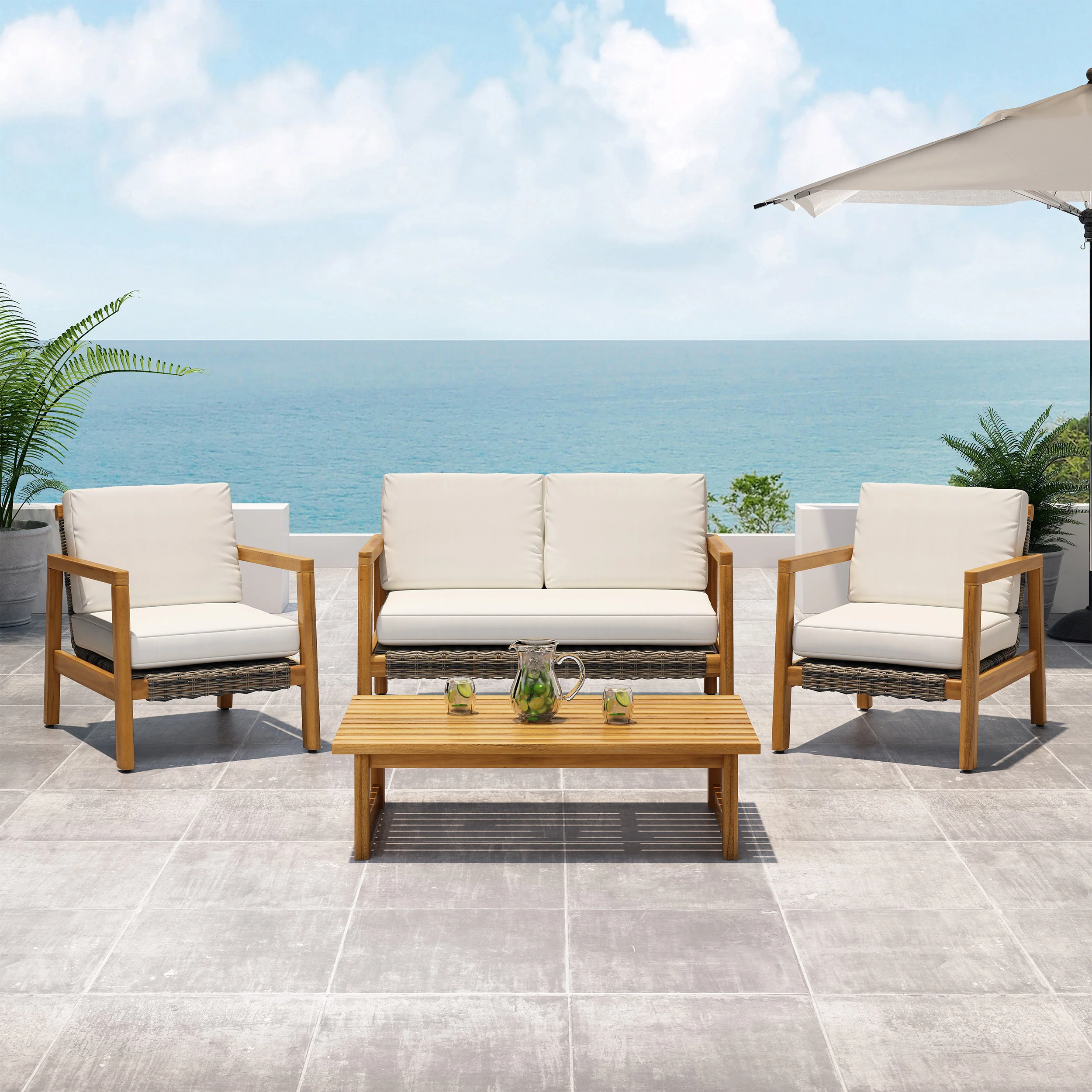 Kedan Outdoor 4 Seater Acacia Wood Chat Set with Wicker Accents - furnishings