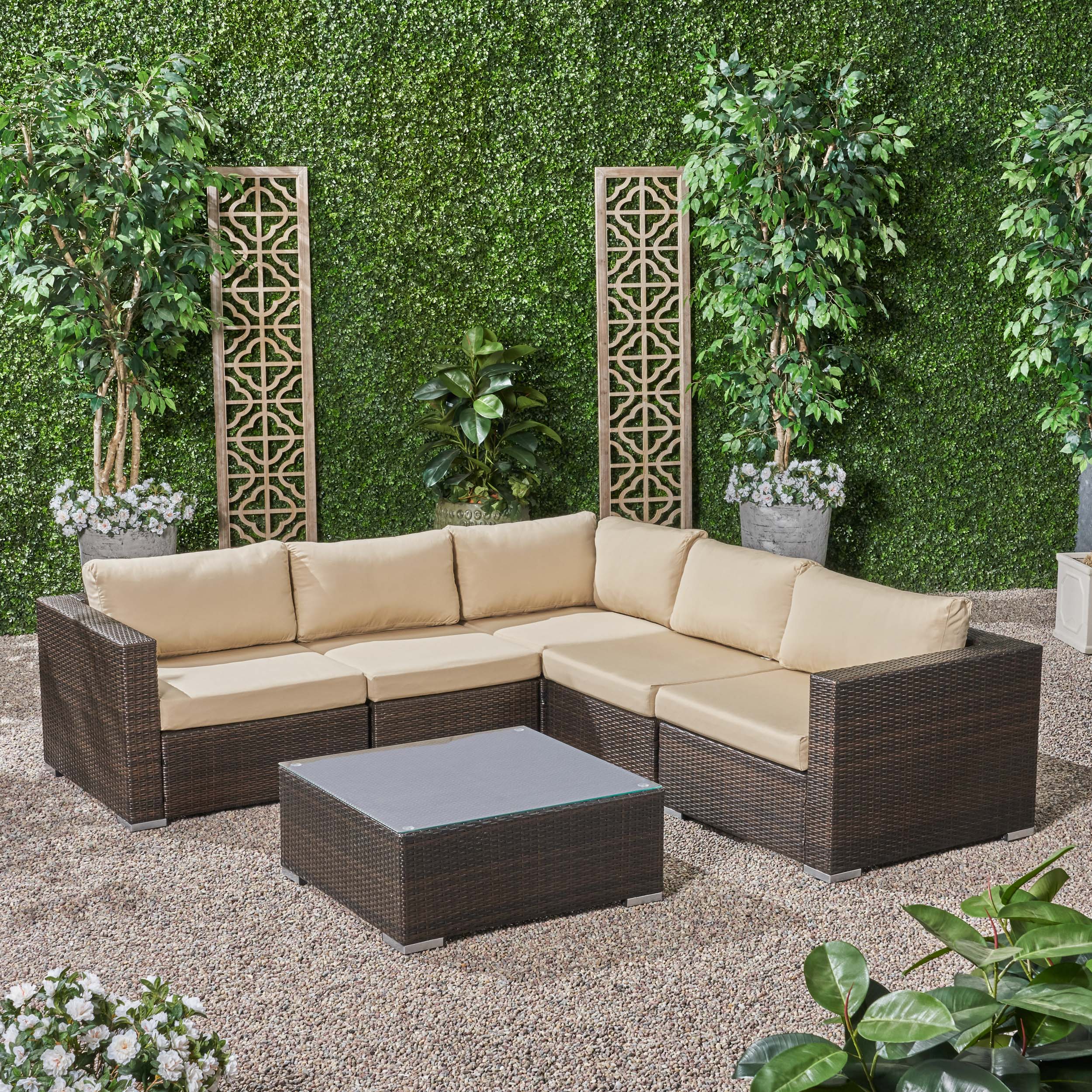 Kyra Outdoor 5 Seater Wicker Sectional Sofa Set with Sunbrella Cushions - furnishings