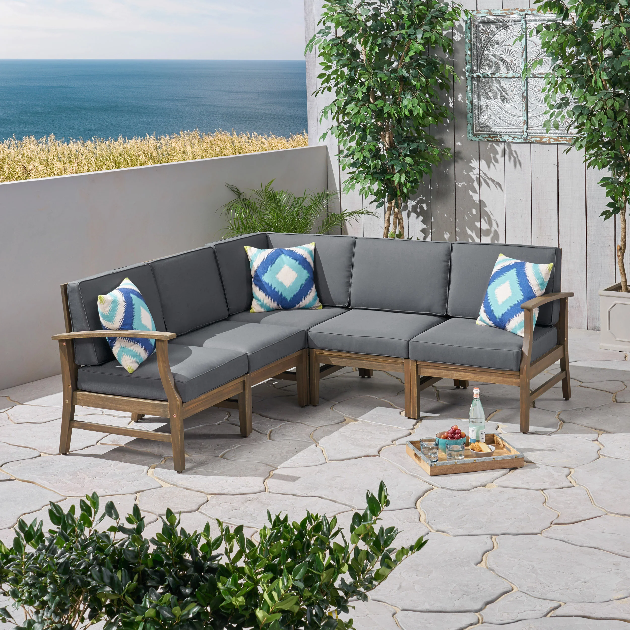 Capri Outdoor 5 Piece Acacia Wood Sectional Sofa Set - furnishings