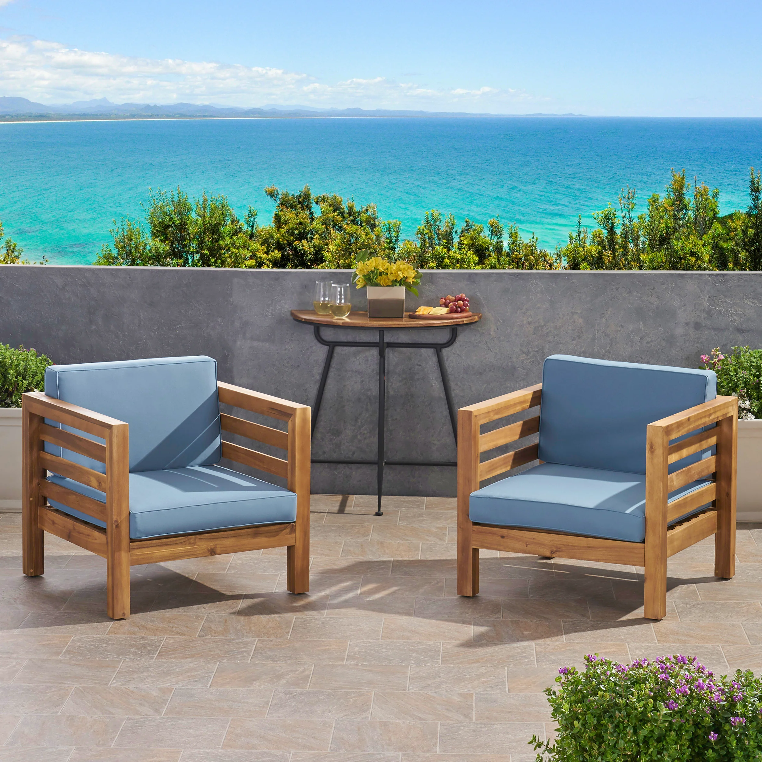 Louise Outdoor Acacia Wood Club Chairs with Cushions (Set of 2) - furnishings