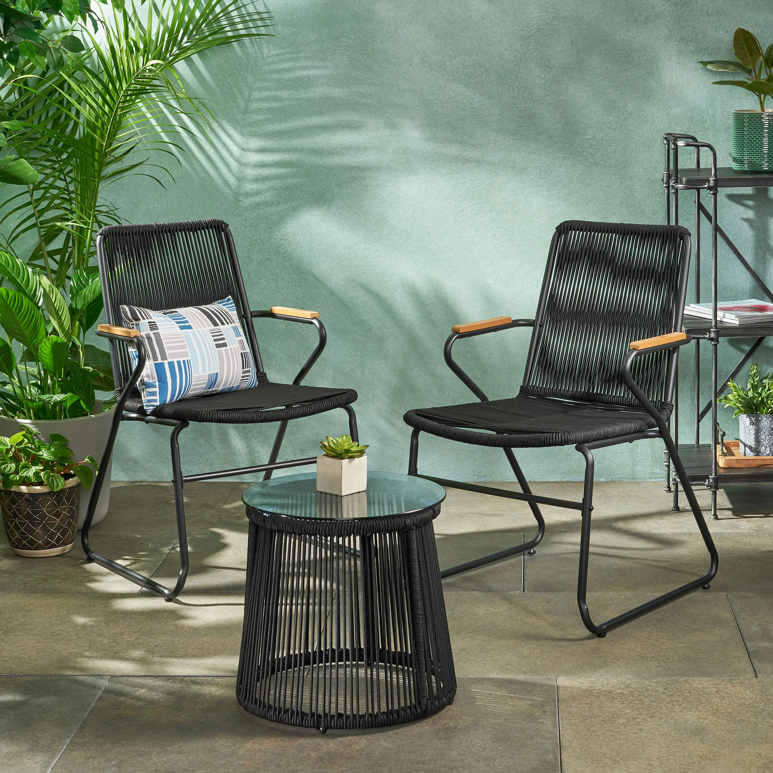 Laycee Modern Outdoor Rope Weave Chat Set with Side Table - furnishings
