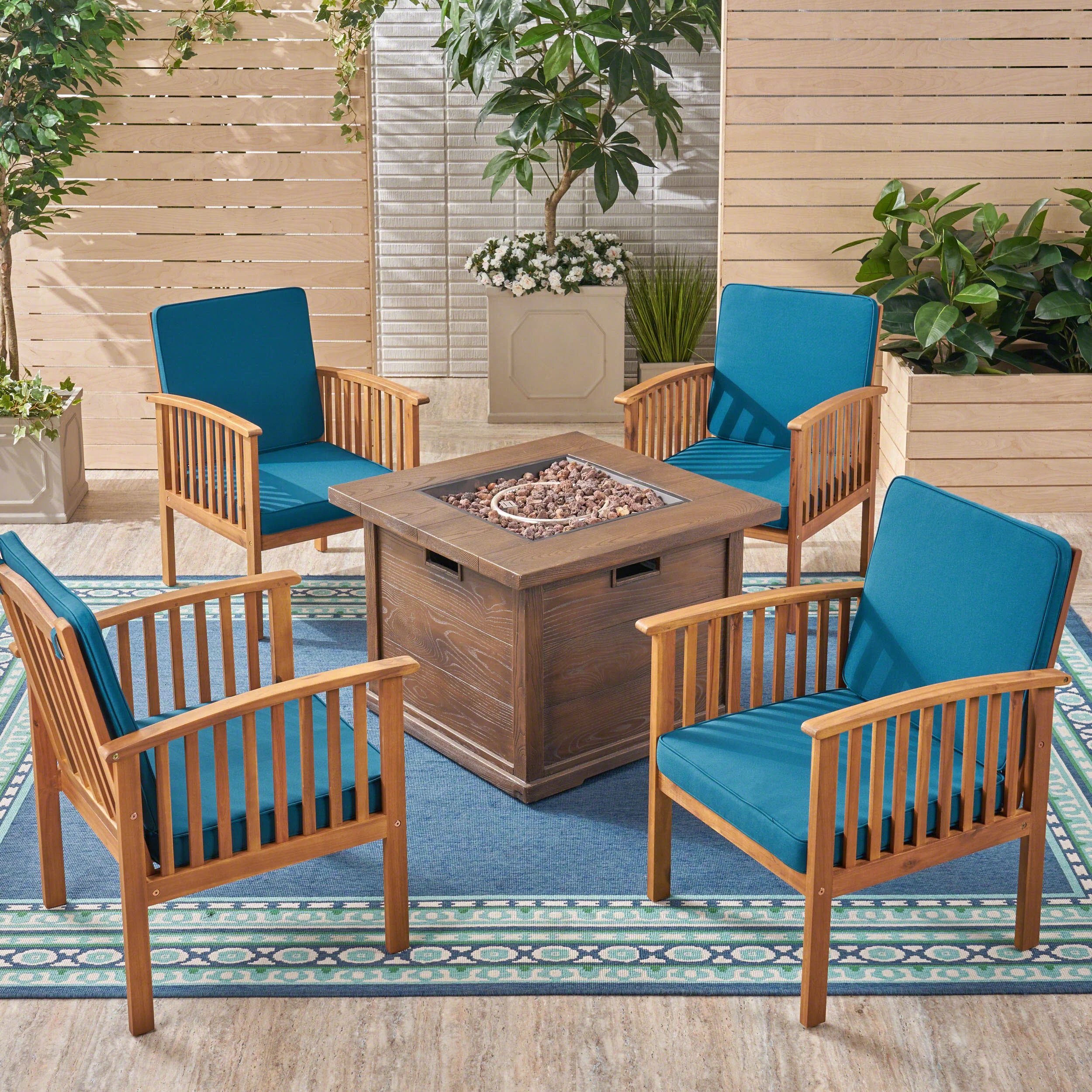 Cape Outdoor 4-Seater Acacia Wood Club Chairs with Firepit - furnishings