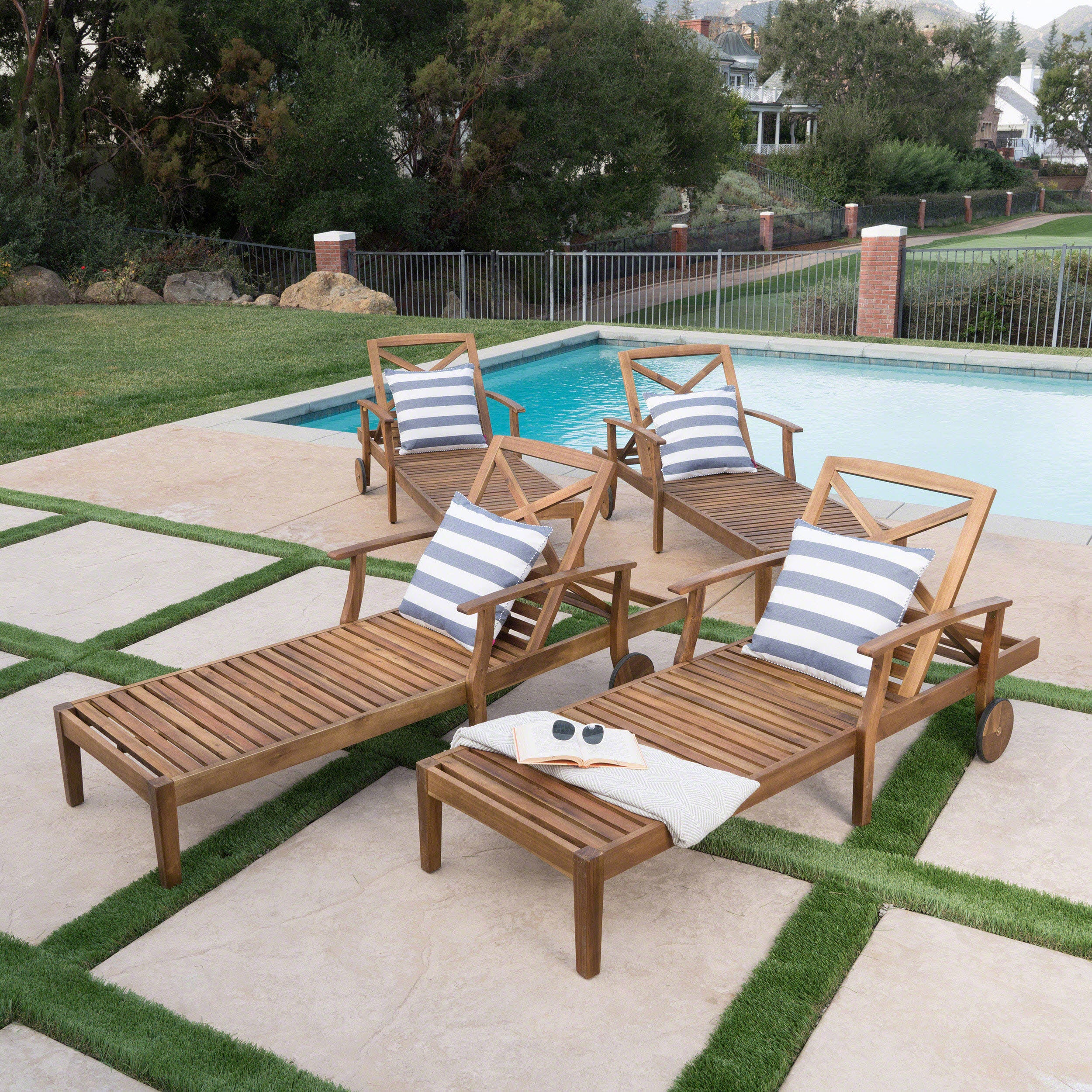Thalia Outdoor Teak Finished Acacia Wood Chaise Lounge - furnishings
