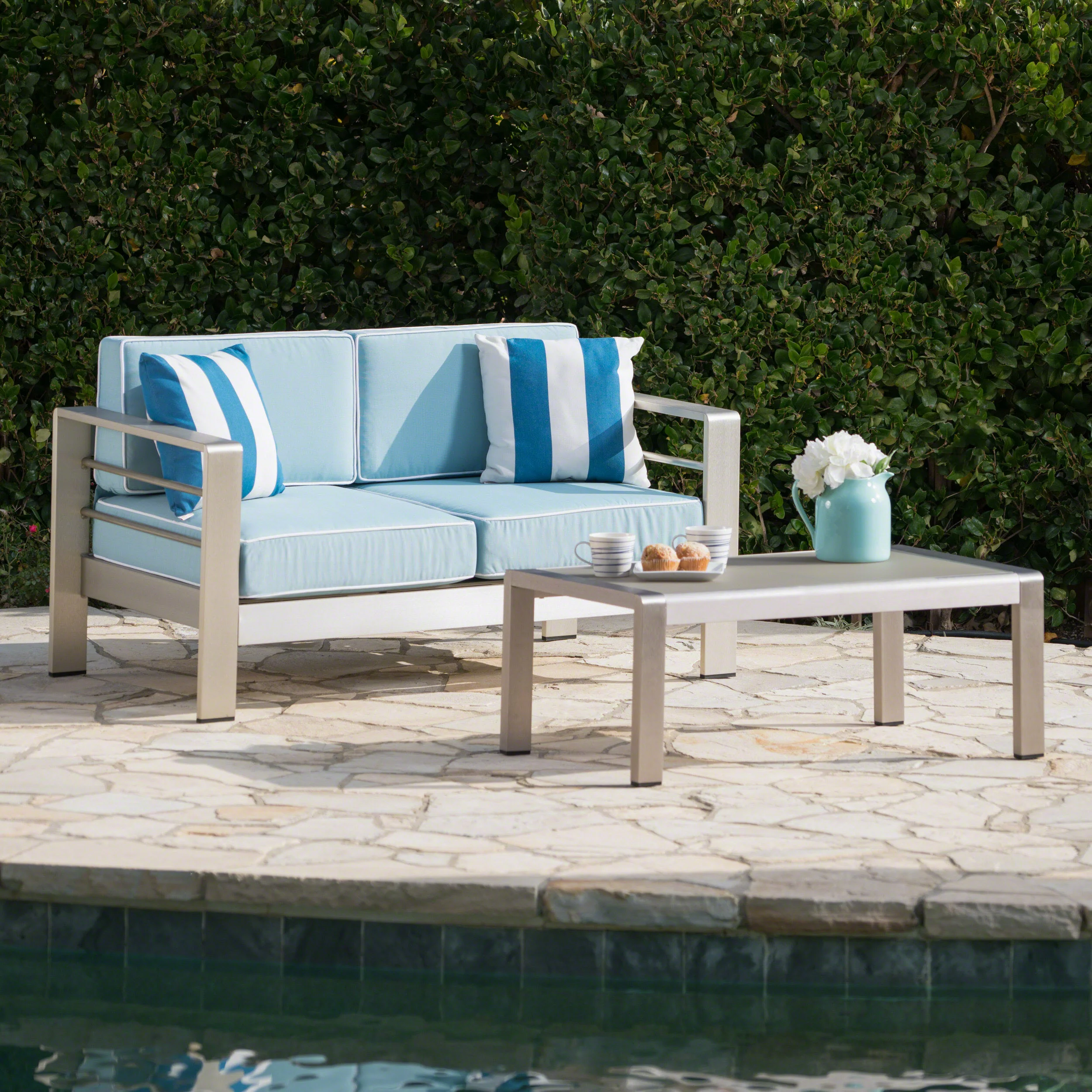 Crested Bay Outdoor Aluminum Loveseat and Coffee Table Set - furnishings