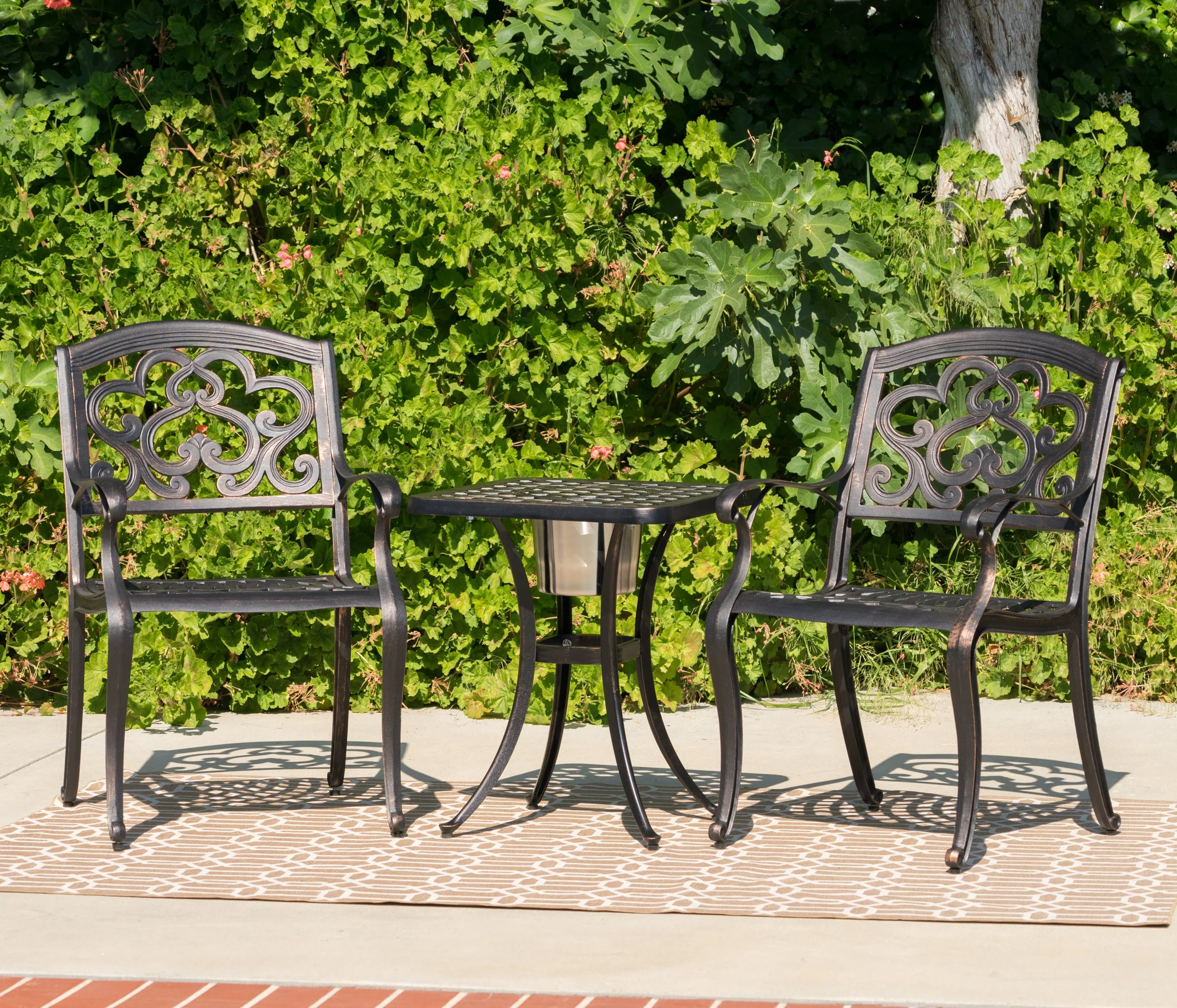 Ariel Outdoor 3 Piece Patina Copper Finish Cast Aluminum Bistro Set - furnishings
