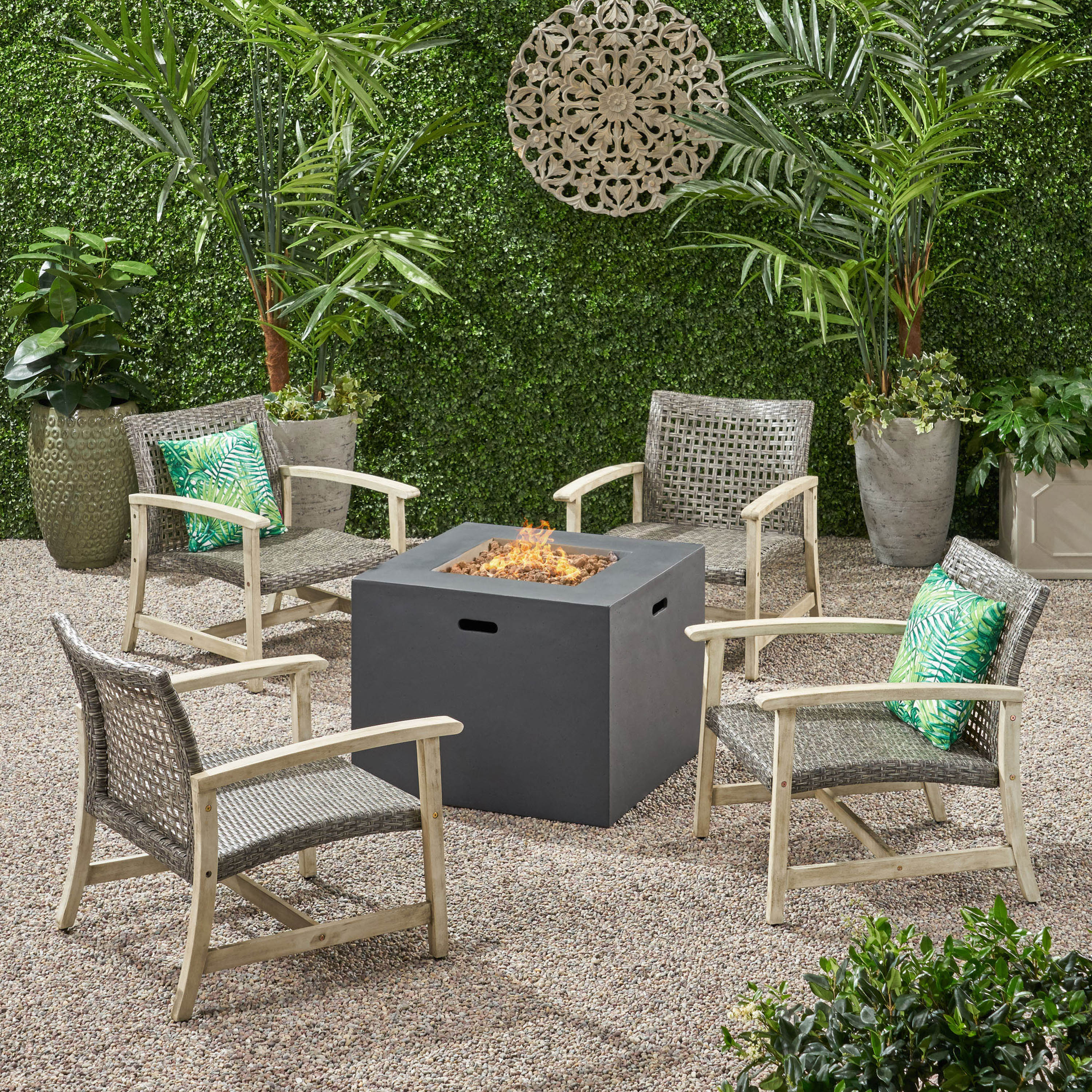 Carry Outdoor 5 Piece Wood and Wicker Club Chairs and Fire Pit Set - furnishings