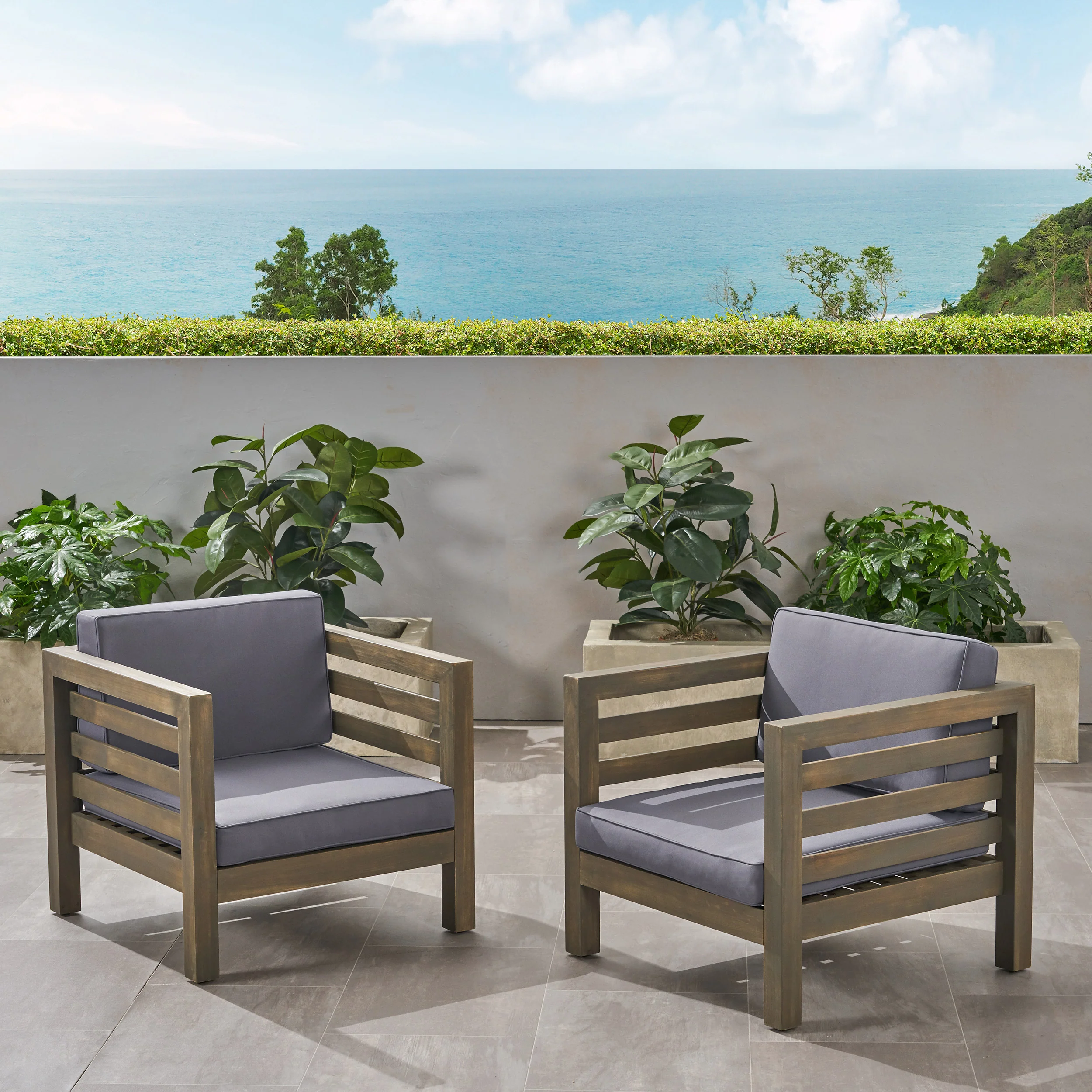 Louise Outdoor Acacia Wood Club Chairs with Cushions (Set of 2) - furnishings