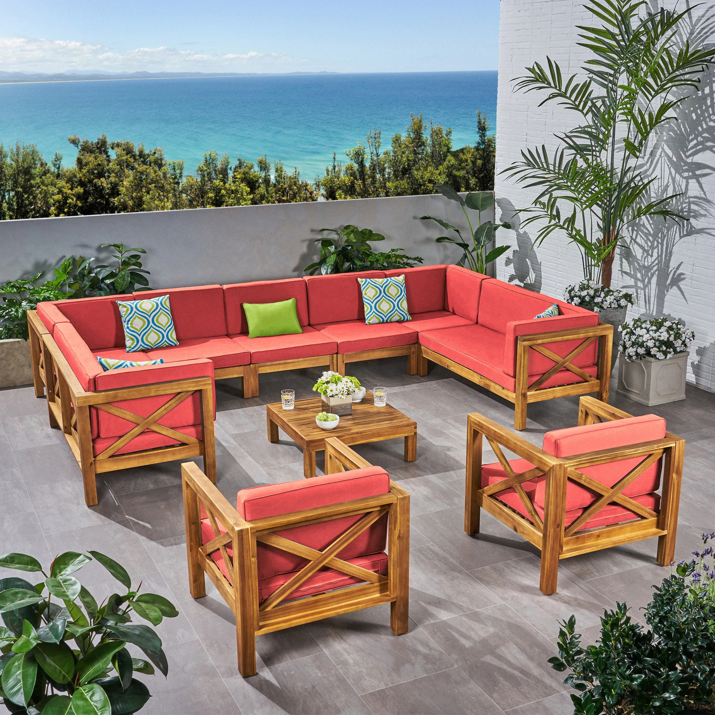 Isabella Outdoor 11 Seater Acacia Wood Sectional Sofa and Club Chair Set - furnishings