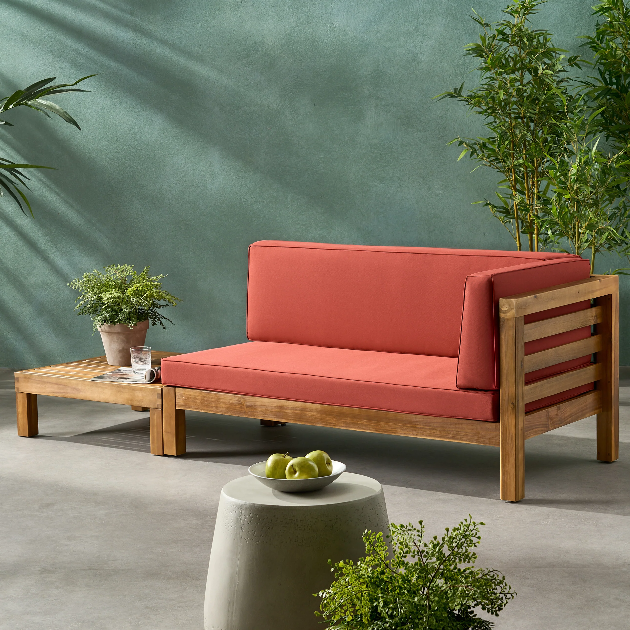 Cascada Outdoor Acacia Wood Right Arm Loveseat and Coffee Table Set with Cushion - furnishings