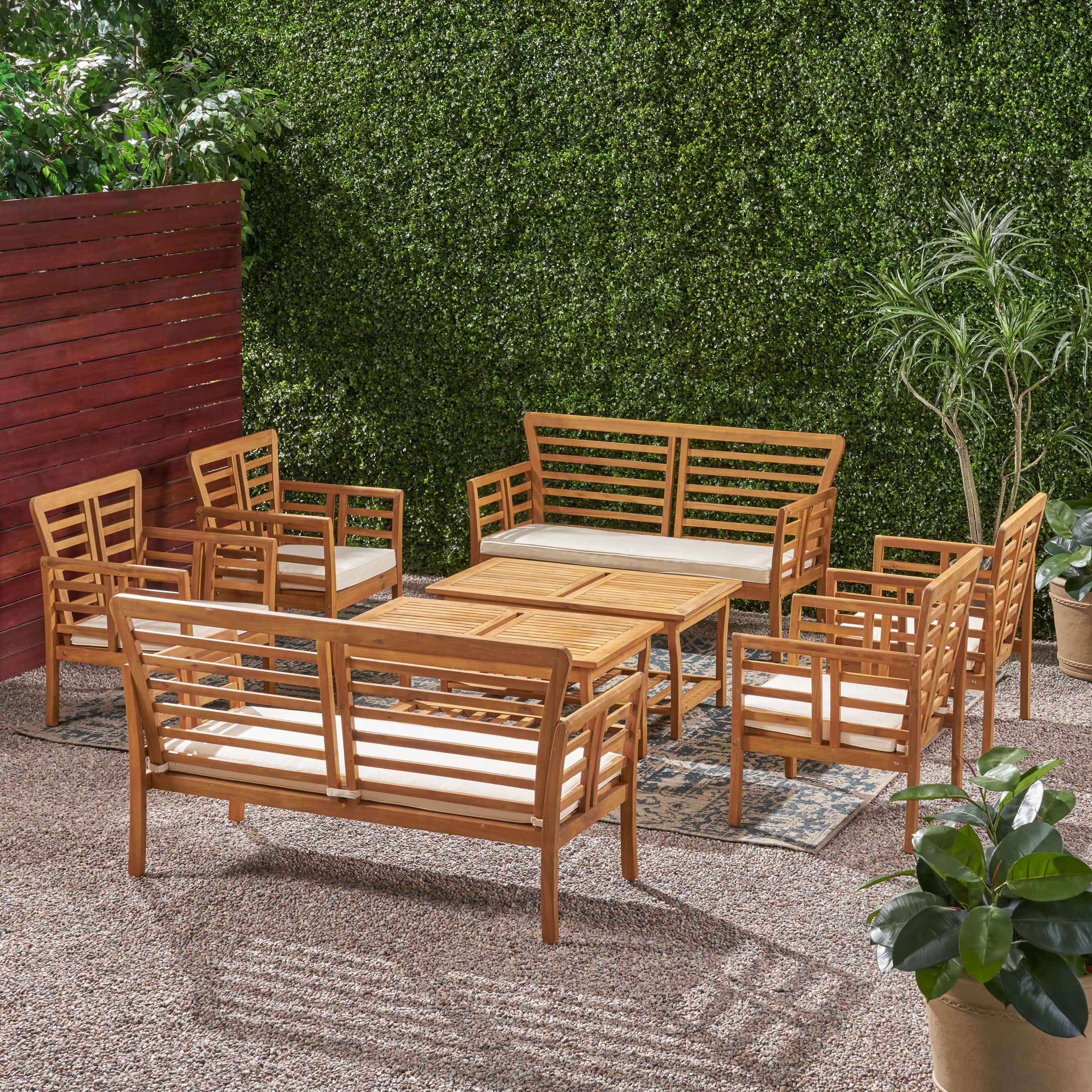 Louis Outdoor Modern Acacia Wood 8 Seater Chat Set with Cushions - furnishings